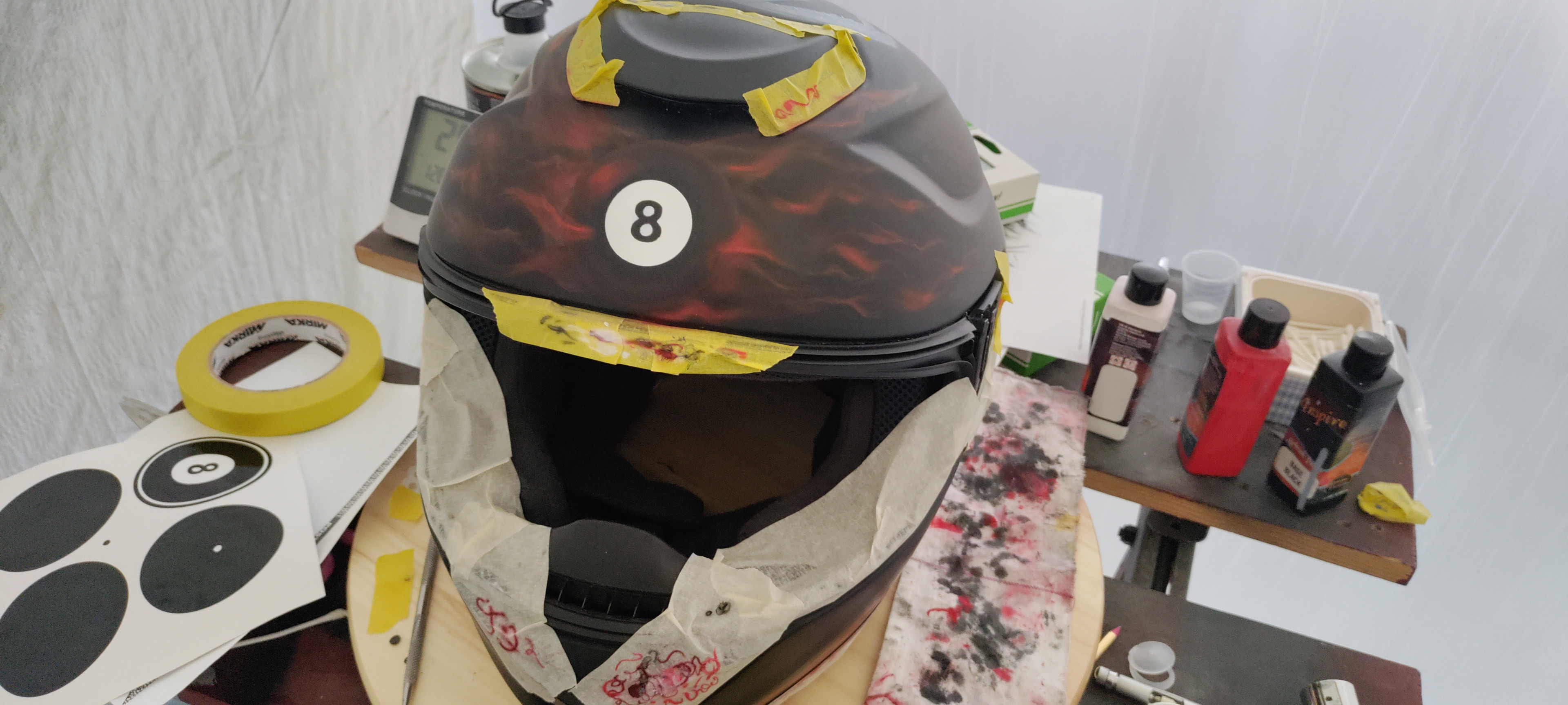 Front of the helmet was "lonely" looking and the 8-ball was important to my client, so I fitted it front on the helmet.