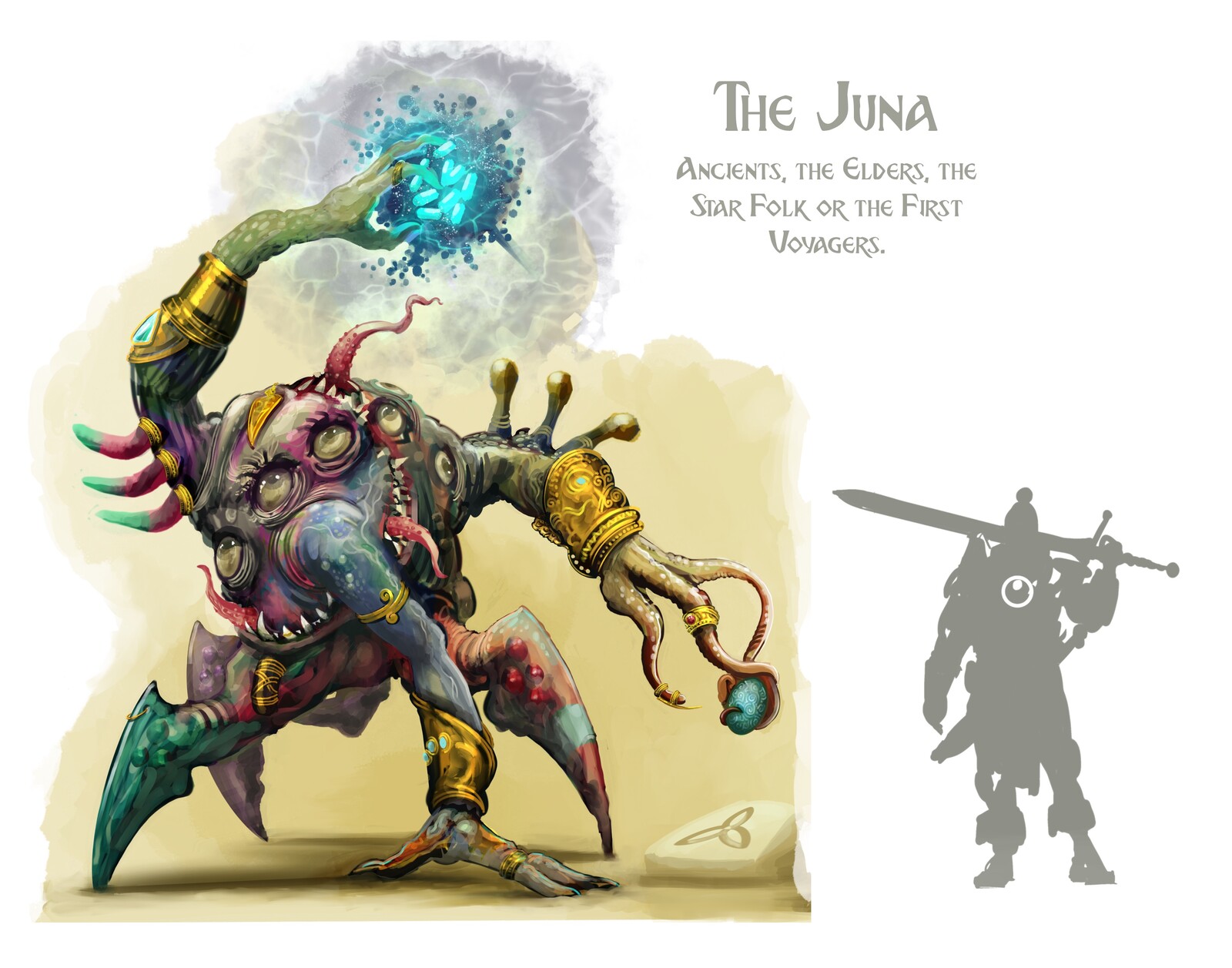 An illustration of the highly magical creator race, The Juna. Human adventurer for scale.