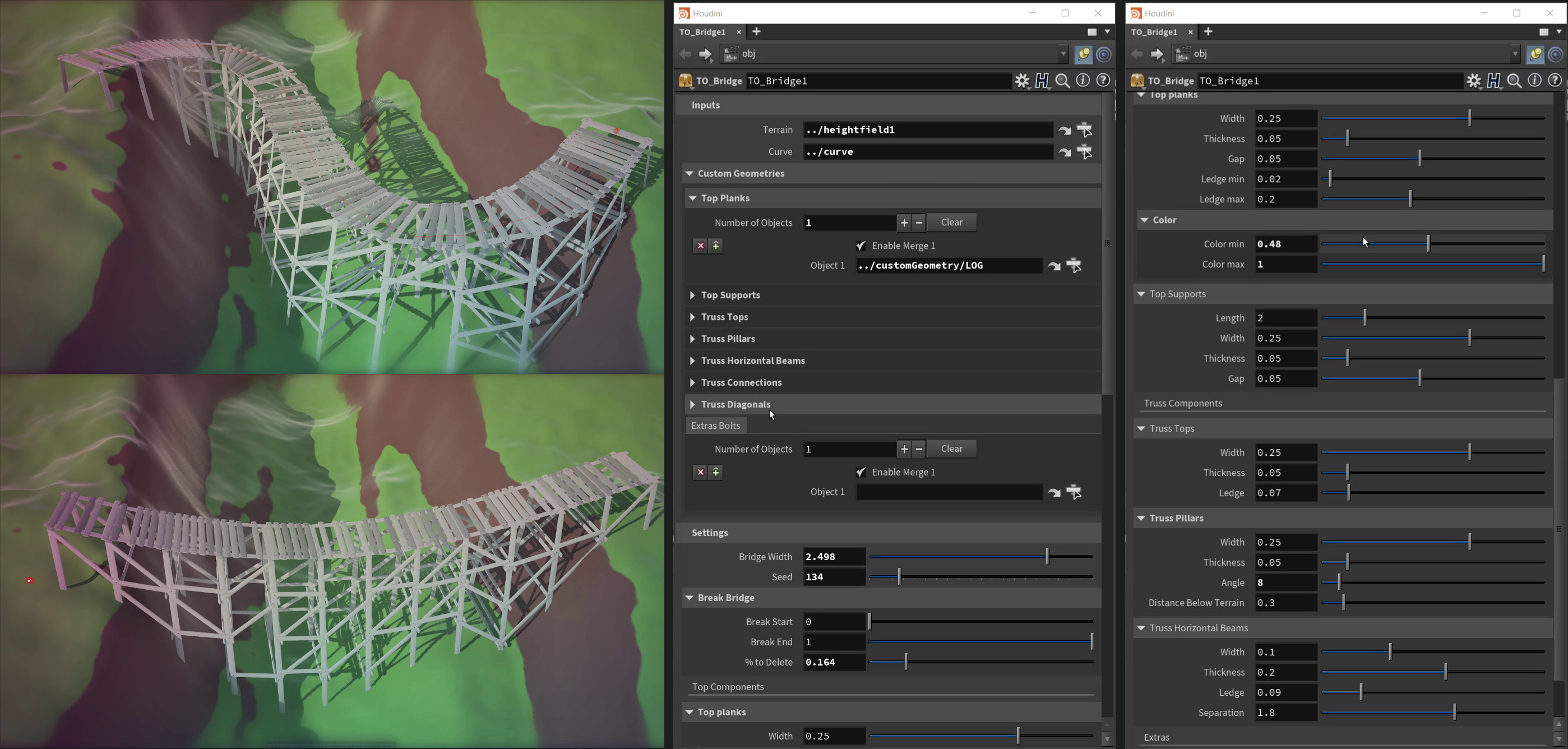Screenshot showing UI for the Trestle Bridge HDA with an ability to affect different parts and use custom geometries