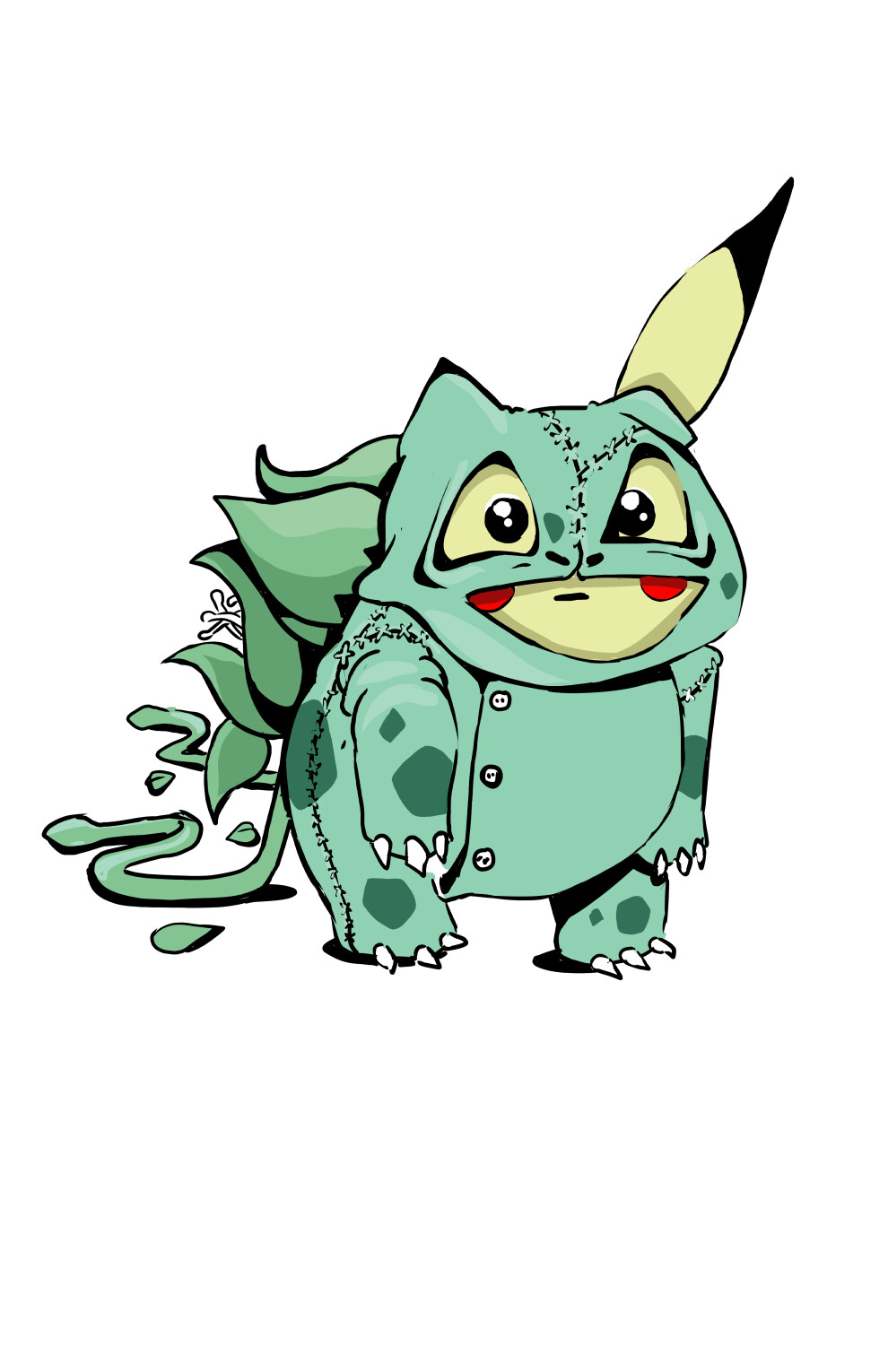 A drawing of a Pikachu in a Bulbasaur skin suit