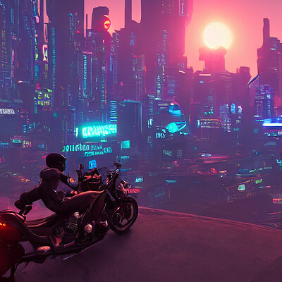 Michael rostenbach an android thief on a motorcycle making a getaway from a helicopter in a glowing neon cyberpunk city at dawn unreal engine cinematic atmosphere w 1216 n 4 i s 286982211 ts 1659840600 idx 1