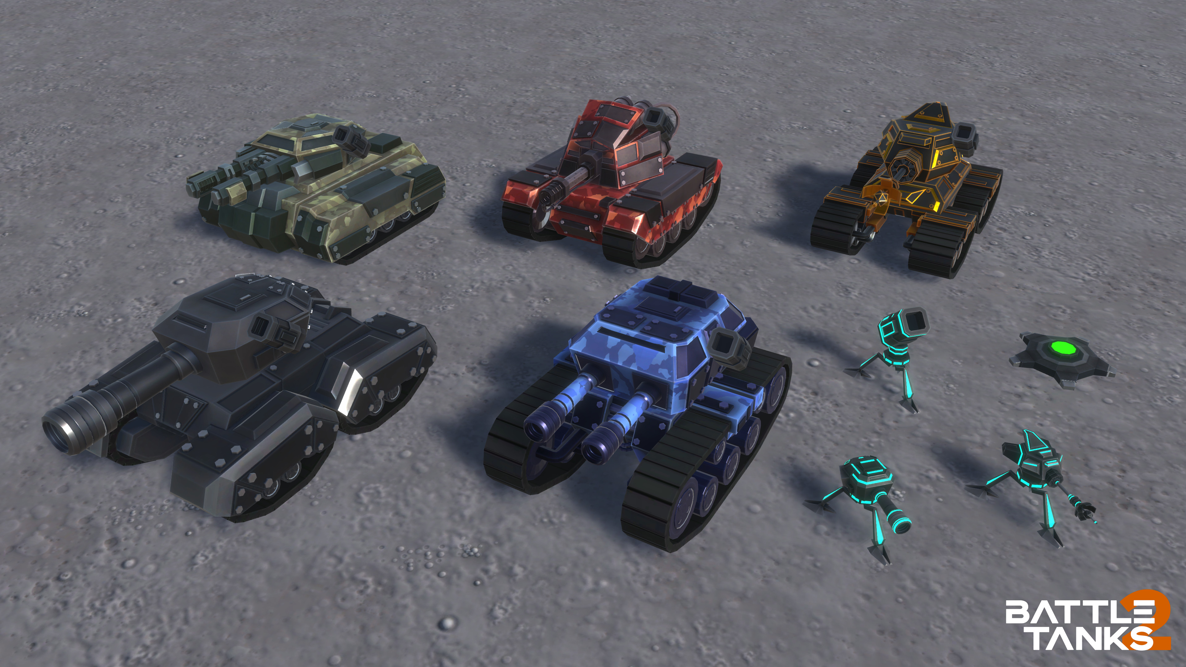 Tank lineup. There are 5 tank turrets and bases that can be mixed and matched. Various different skins can be applied to each. (Bonus little sentry turrets and mines!)