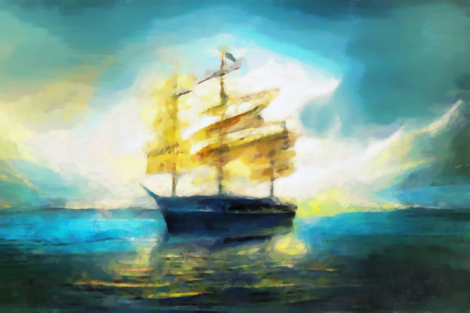 Final Artwork of a ship with a war-torn foremast anchored offshore.