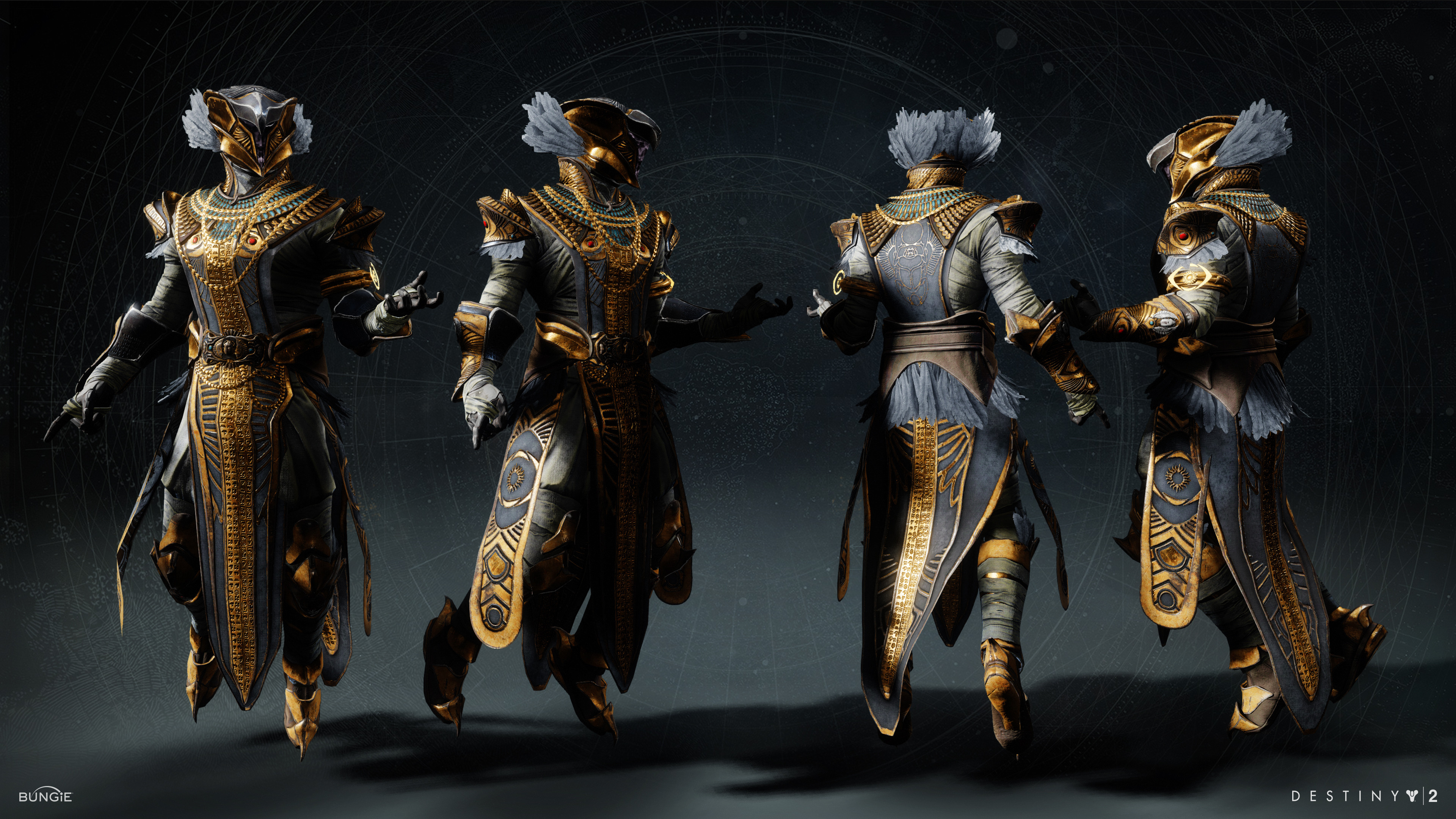 In game capture. The hieroglyph designs on the armor are from a Substance Designer generator I created. It was used for all Trials gear this year.