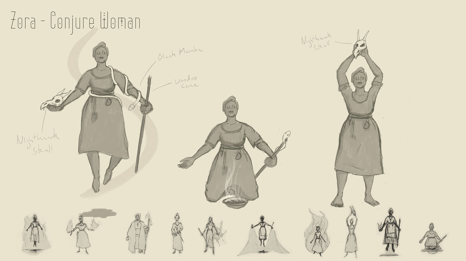 Zora the Conjure Woman sketches and ideation.