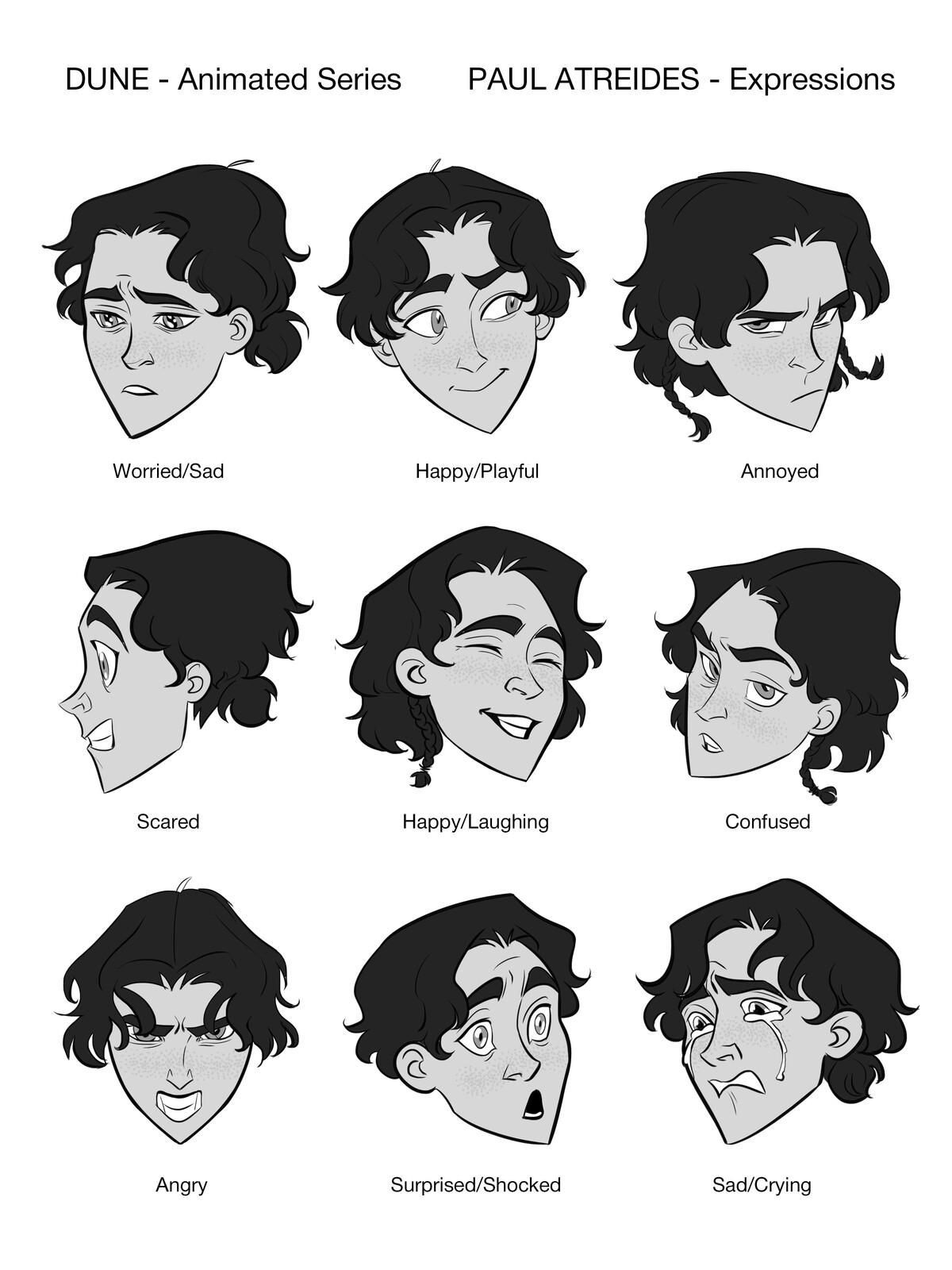 Continuing the work with character's head, I create an expression sheet as a reference point for animators.