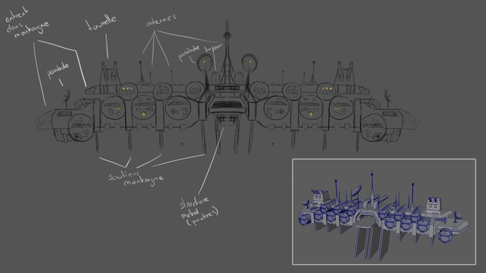 Based on Mandalorian's spatial bases, I did a concept of my basis, then I made its blocking in Maya.
I was as modular as possible, what was useful to add the extra lower part (see below) 