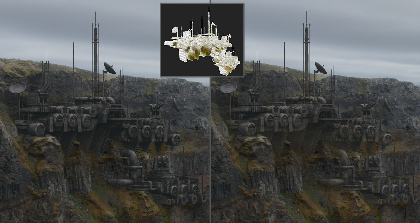 In post-production I developed a workflow to add some texture via a Substance 3D Painter map. Then I could increase the realism of the scenery with moss and dust.