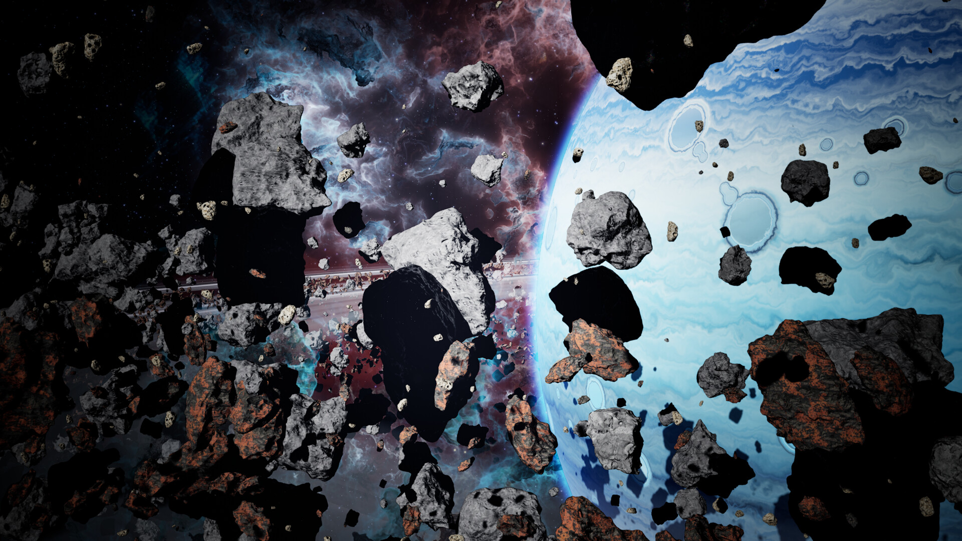 скопление астероидов. космические опасности мифы и реальность. пояс астероидов. скопление астероидов. куча астероидов.