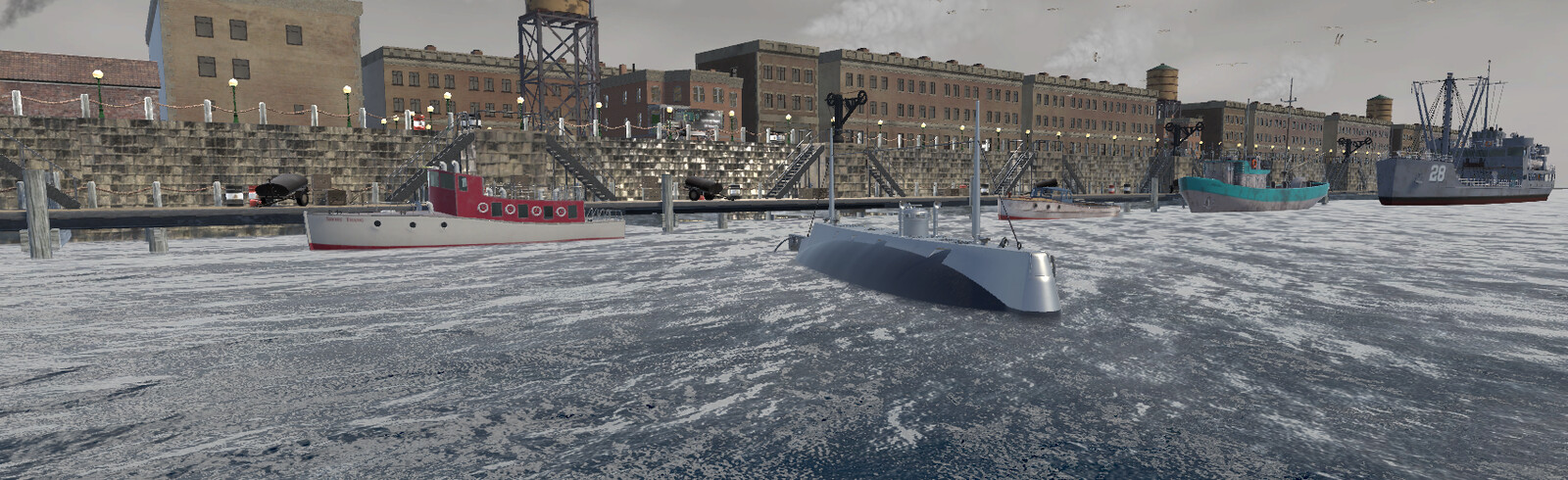 Unity project: Movie screengrab of USS Holland leaving pier for sea trials (1901): WIP (Unity)