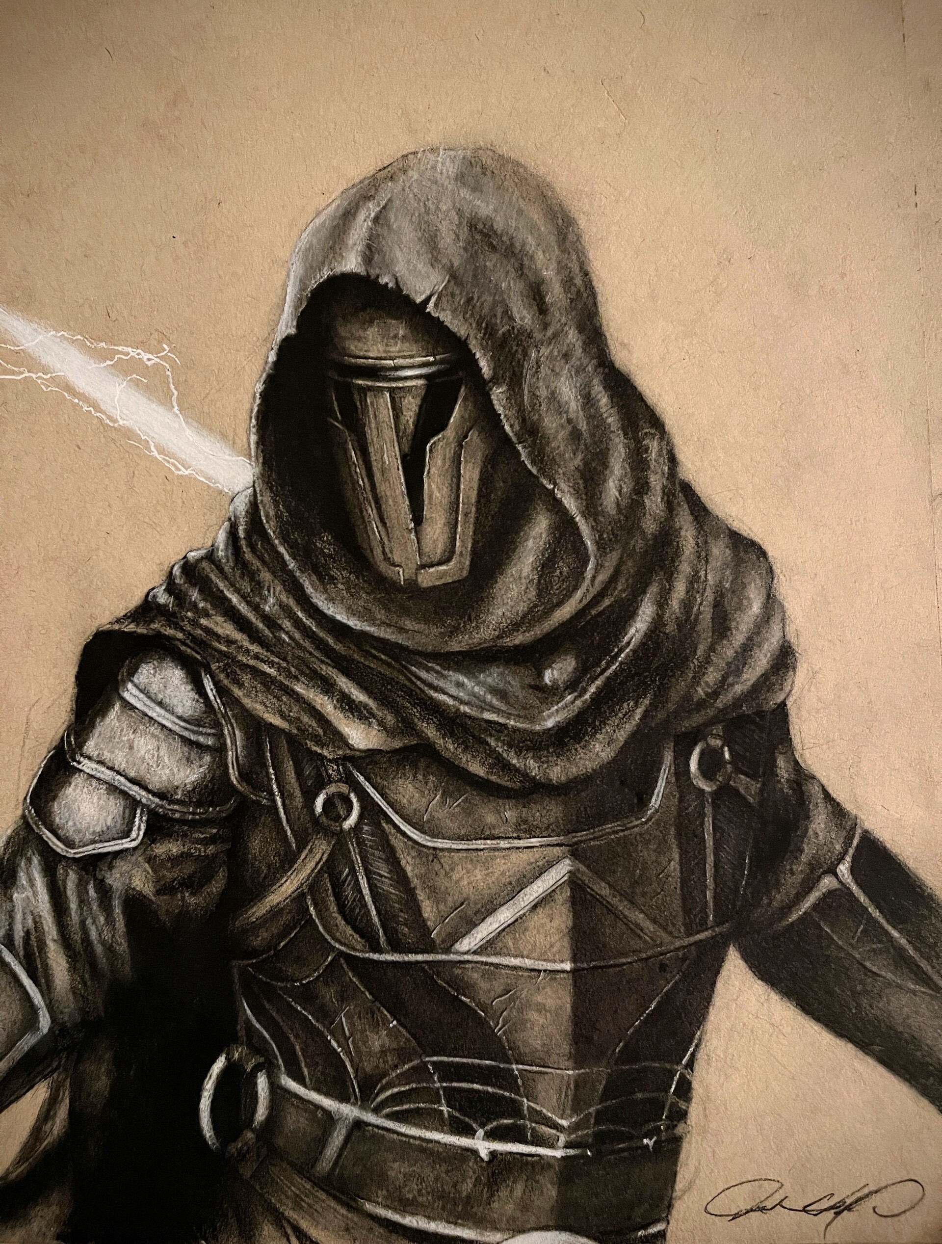 A charcoal rendering of Darth Revan from Star Wars: The Old Republic. 