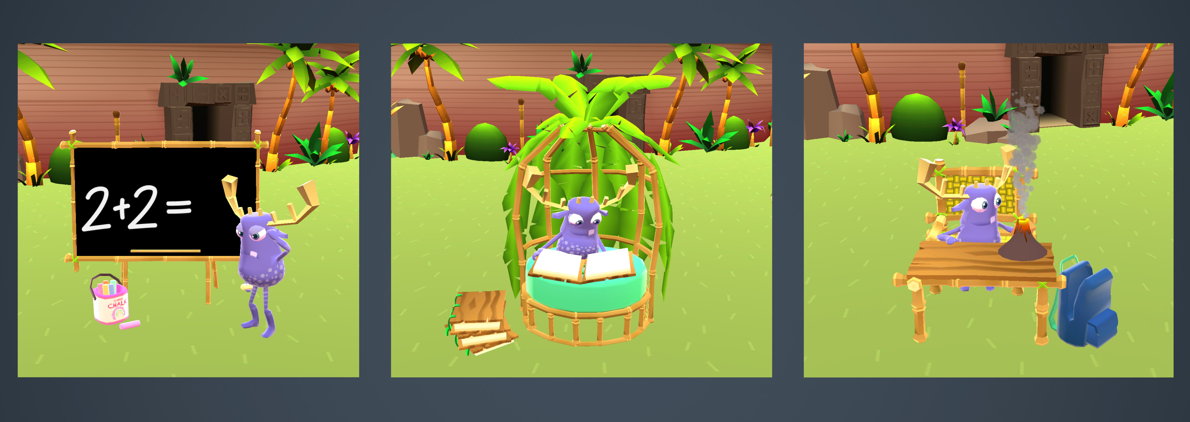 Back To School props for MathTango Island: chalkboard, booknook, and the classroom desk