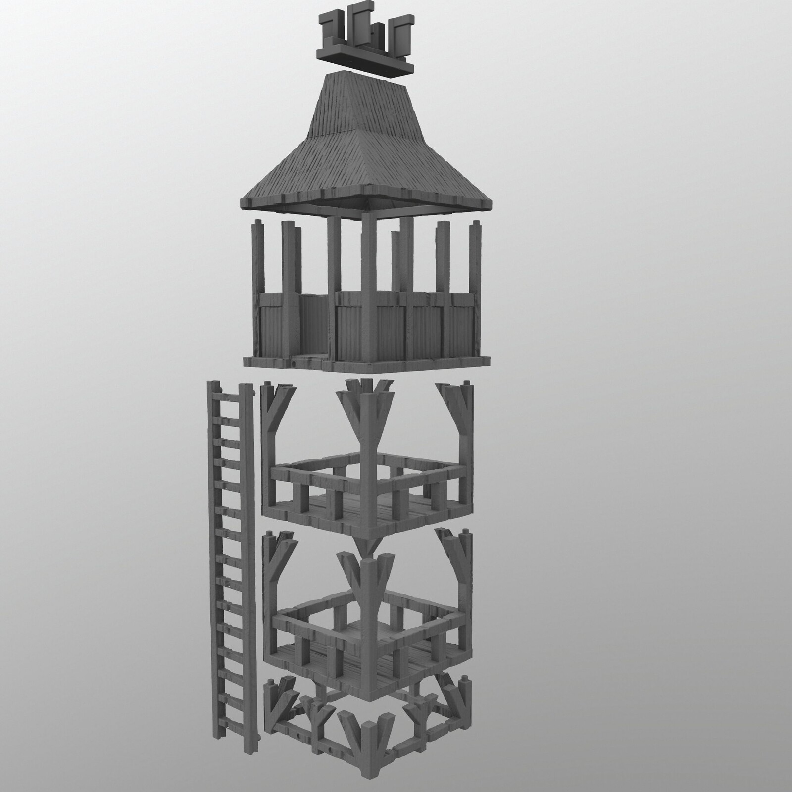 Toolbag render of the various pieces of the guard tower.