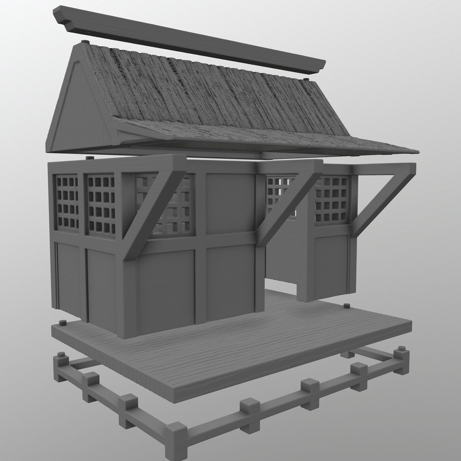 Toolbag render of the various pieces of the barrack.