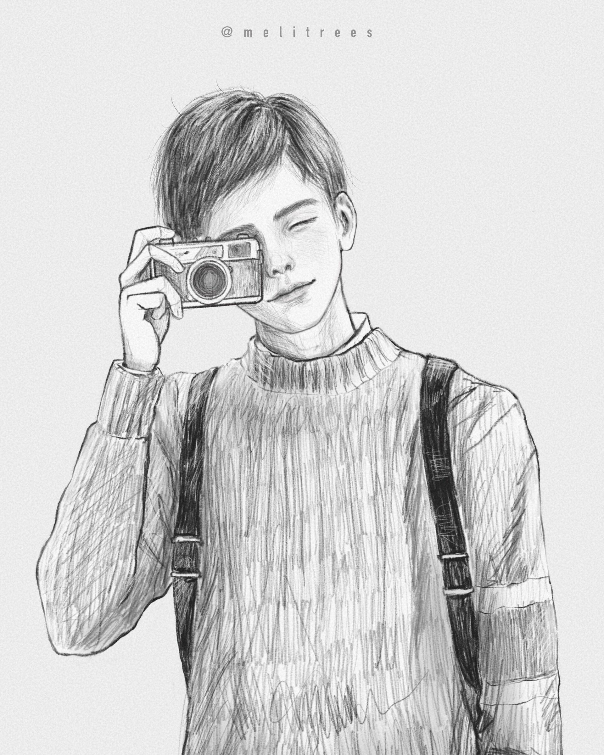 Camera sketch. A sketch of the professional camera with flash. | CanStock
