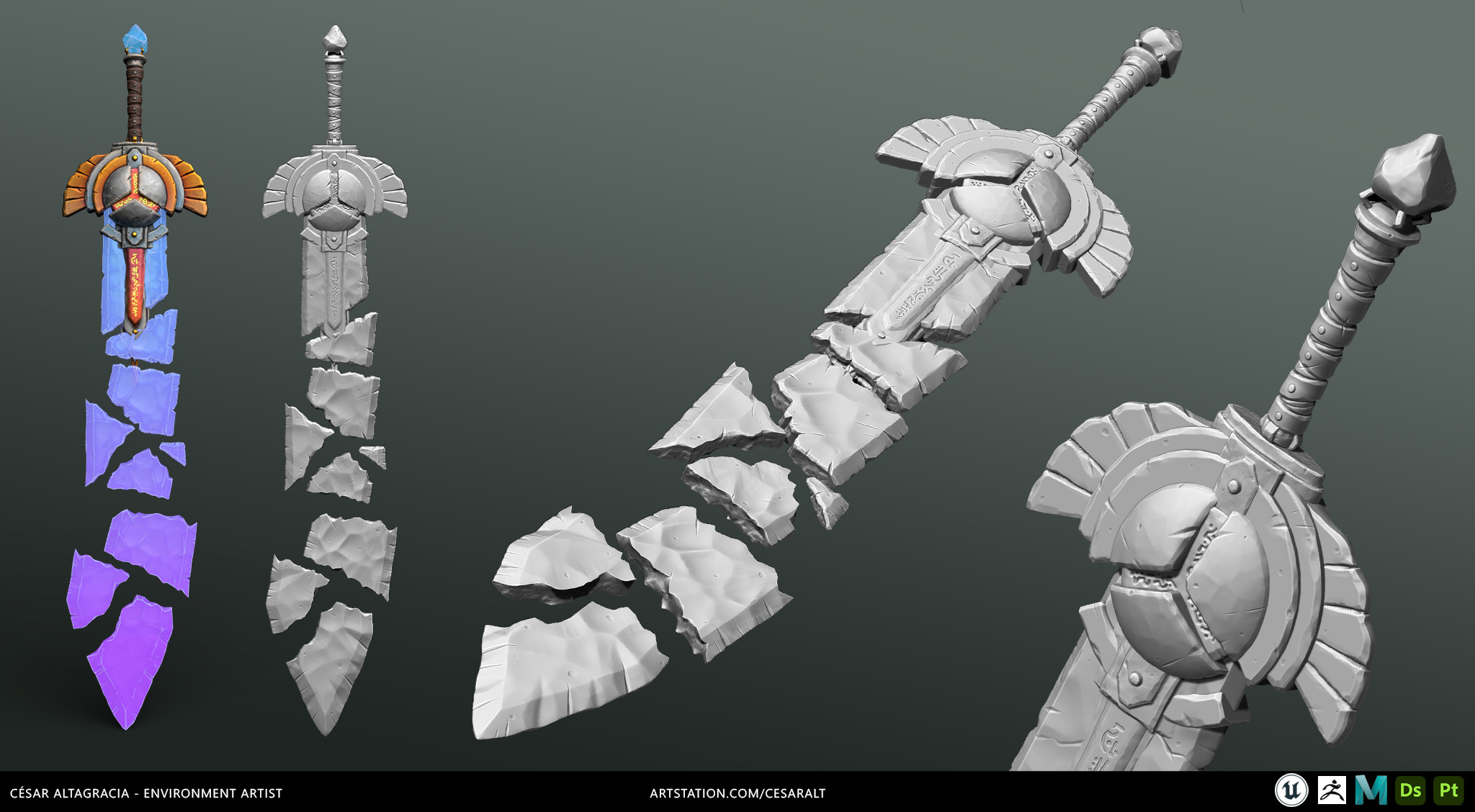 Crystal sword ZBrush sculpt and its low poly counterpart textured in Substance Painter.