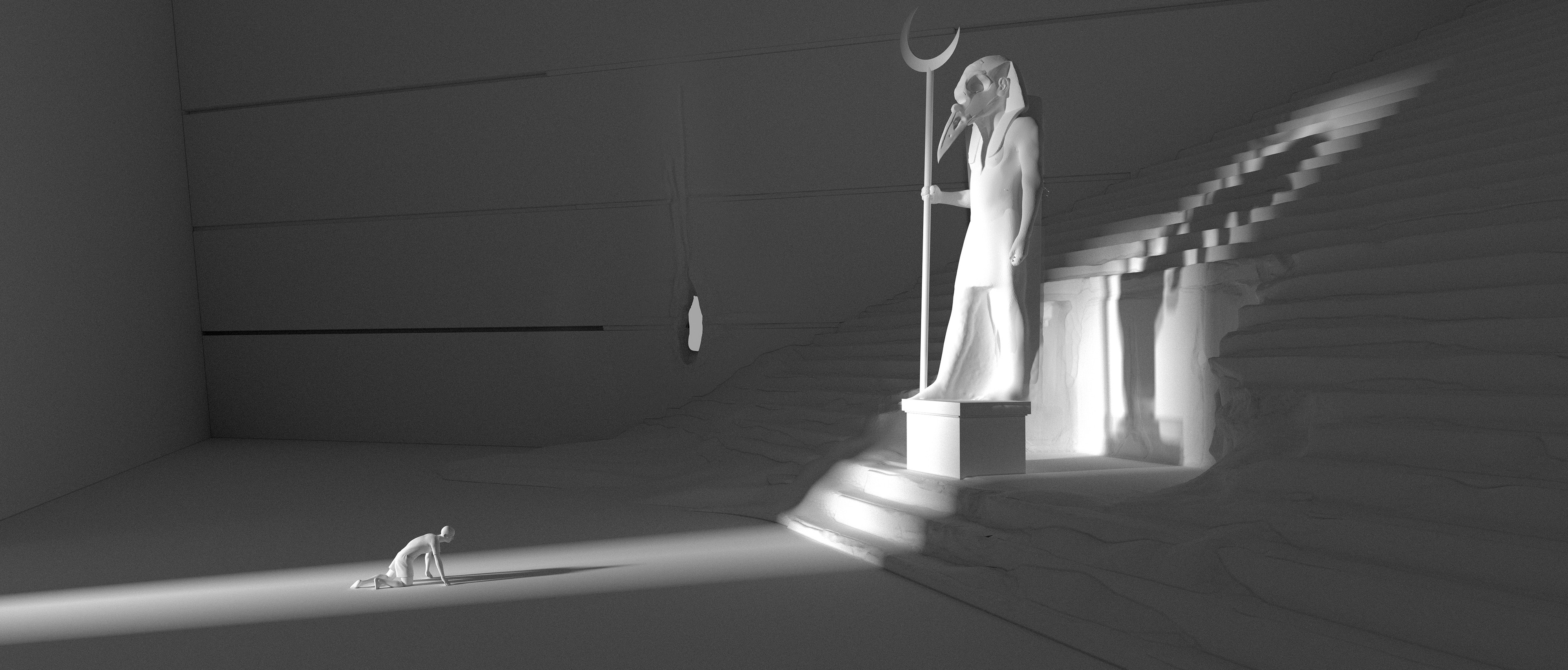 Early model used for these initial series of concepts. This allowed for accurate placement of cameras within the scene and lighting. I loved the idea of a strong light source coming through the entrance and framing Marc and the statue of Khonshu