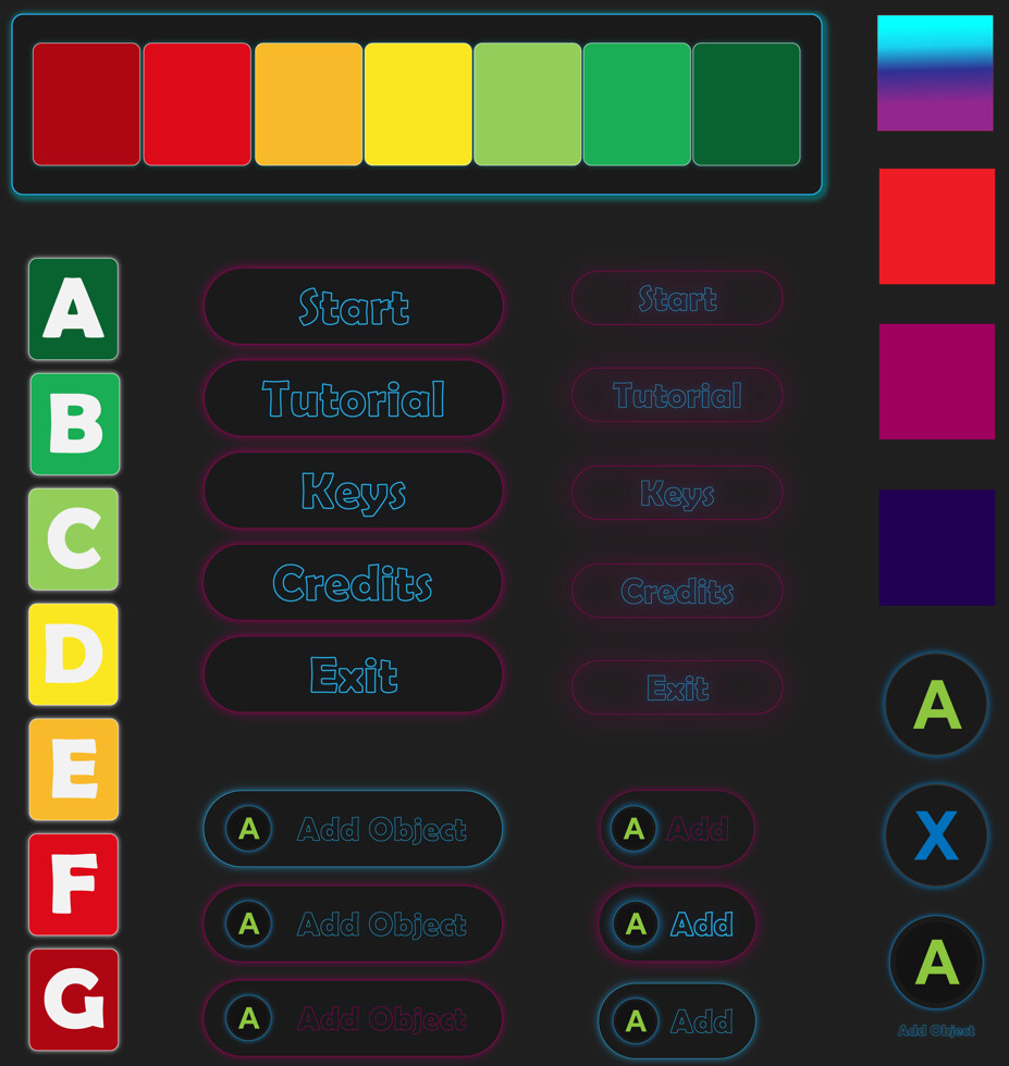 Theme Color Palette &amp; UI Assets: Button concepts, energy levels and house energy bar 