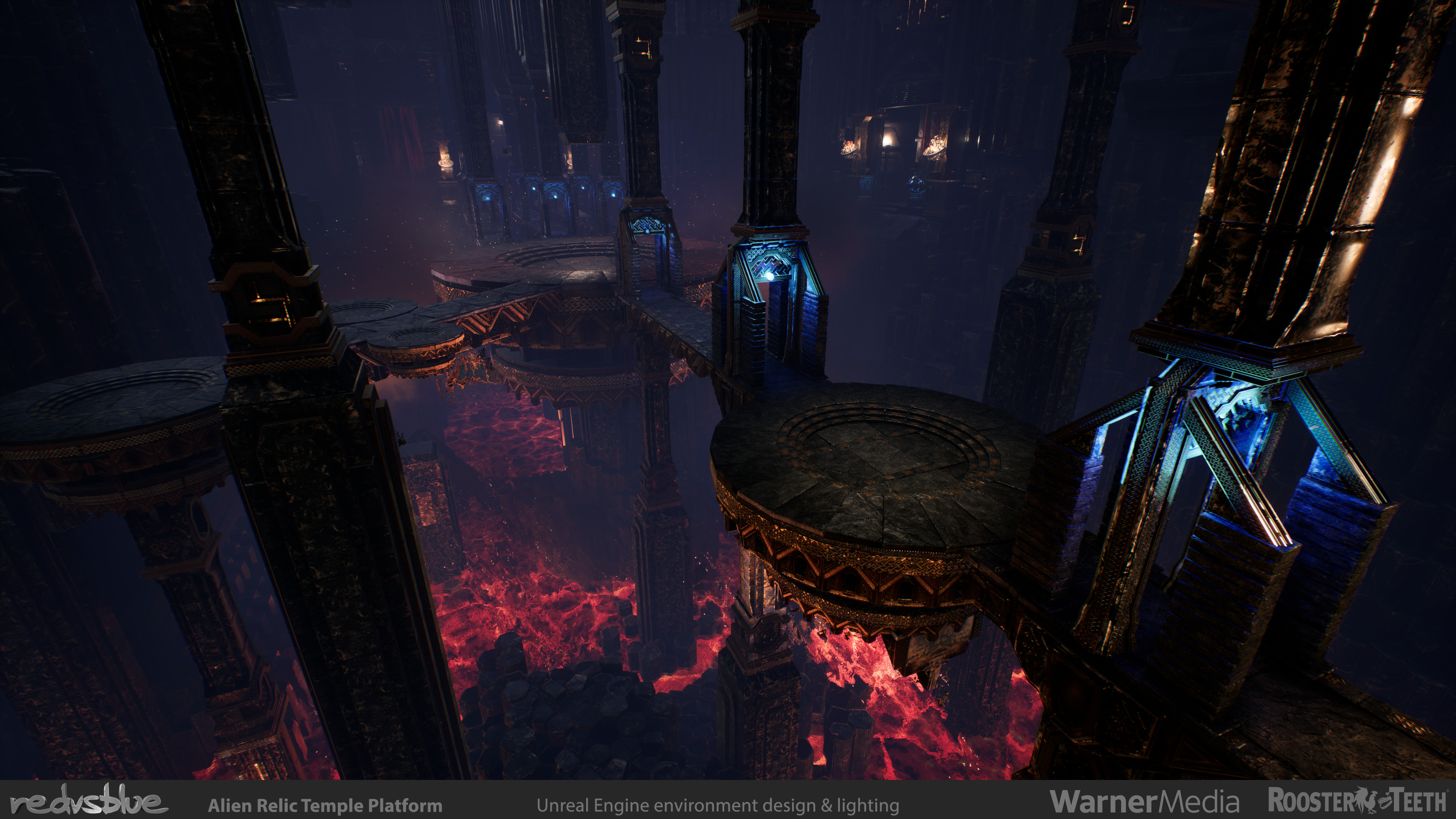 RvB: Zero - Alien Temple Platform Chamber - My custom Lava shader! Main structure based off a Marketplace pre-made per the Director's wishes, from which I heavily customized the space with set dressing and did all lighting and post processing from scratch