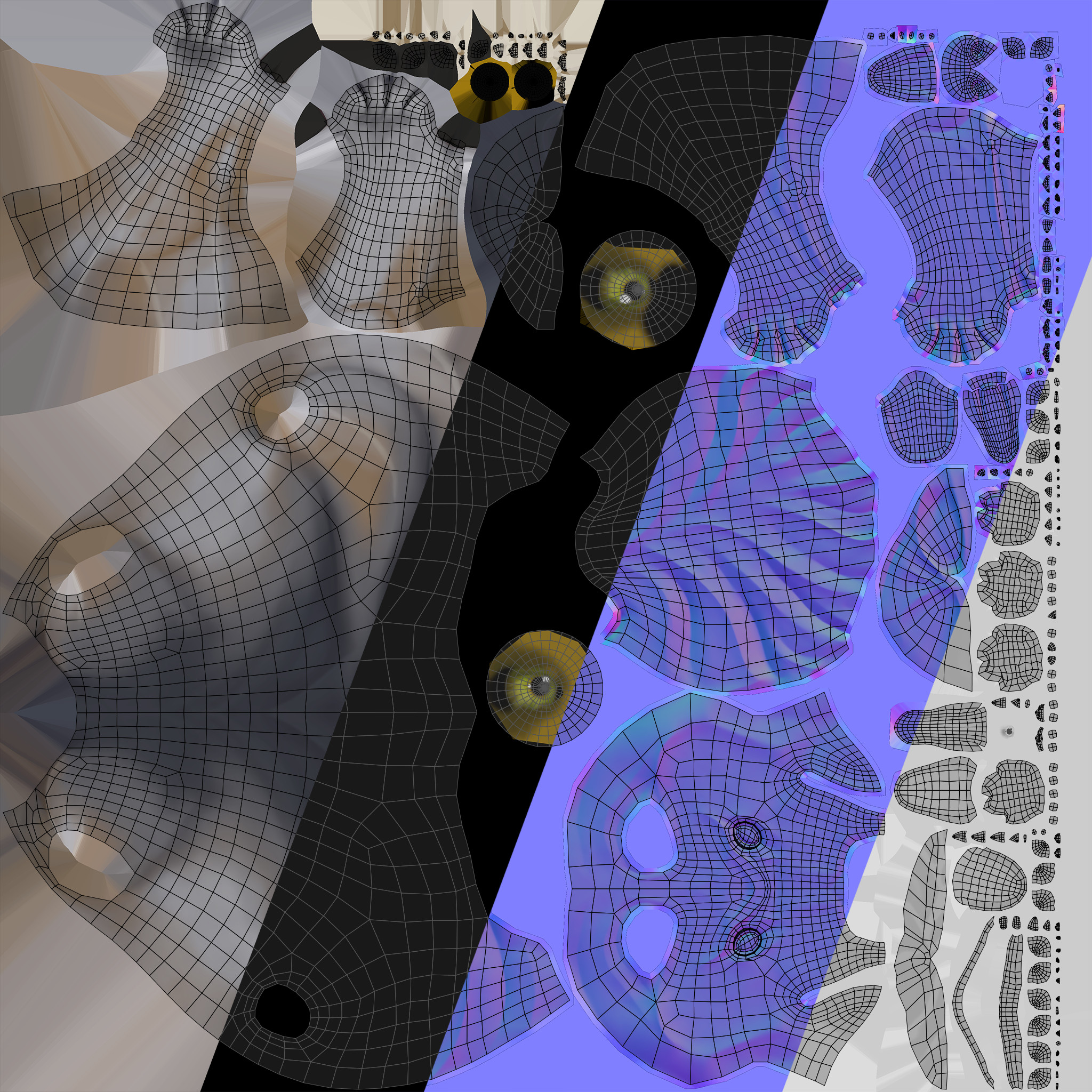 UV and texture maps. Exported for Unity URP. Left to right: Albedo, emission, normal, metallic smoothness.