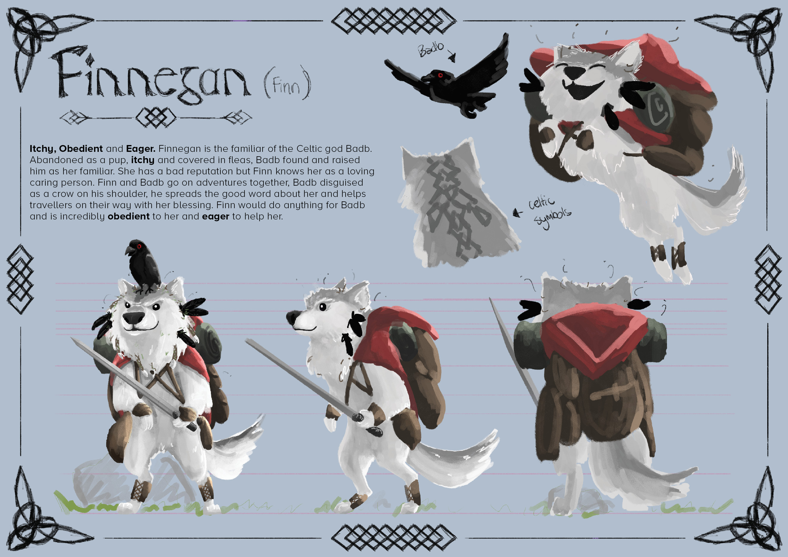 My initial character design I based him on. We were given a 3 word prompt to create a character from, the highlighted words are the prompts. I decided to go a different direction from it, focus on the wolf form and push the stylisation.