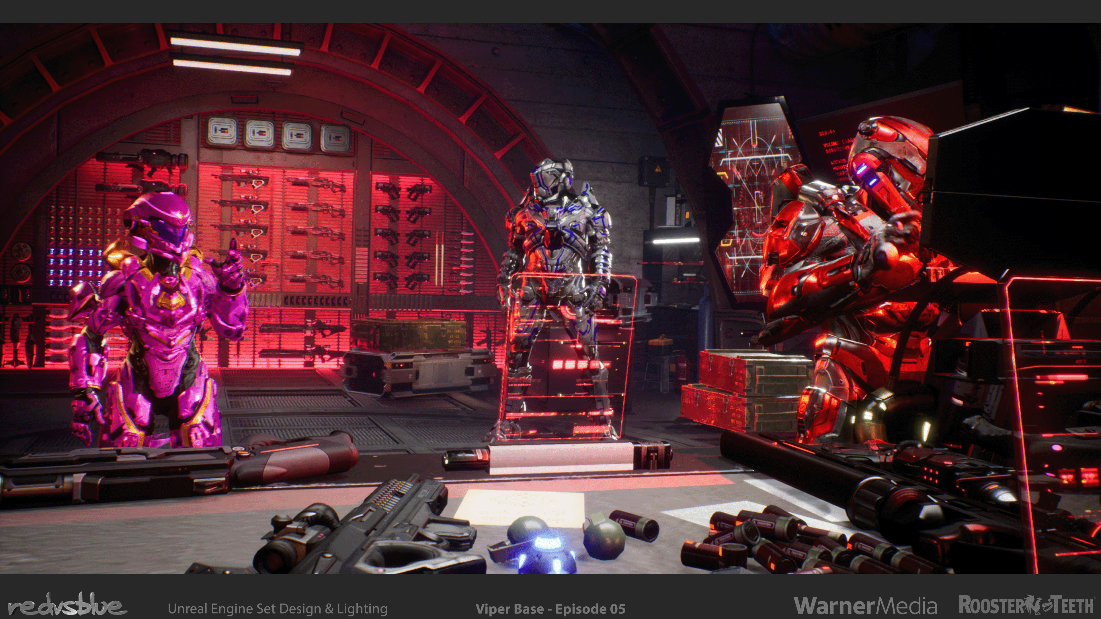 A still featuring Viper Base from Red vs Blue: Zero - Episode 05.  As seen here, the meeting table was also often mounted with a moveable holographic computer system.  Shot lighting and setup by myself.
