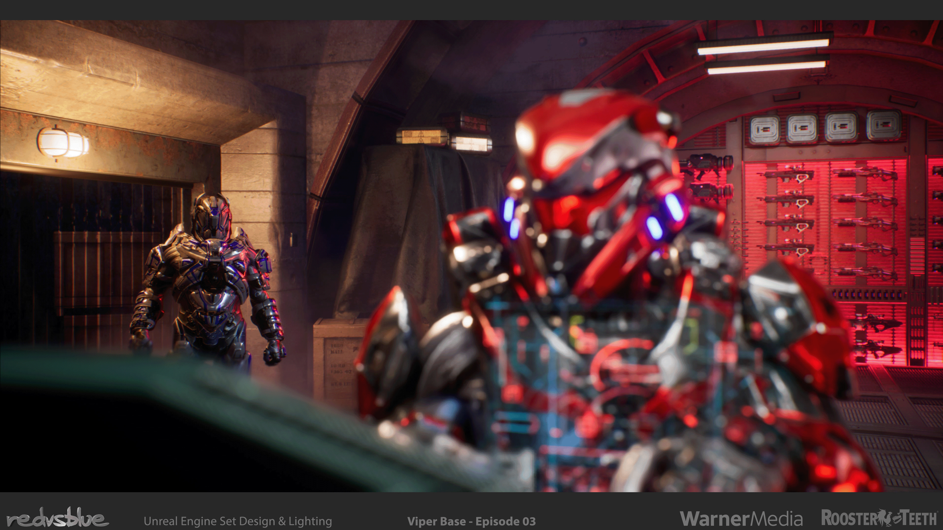 A still featuring Viper Base from Red vs Blue: Zero - Episode 03.  Strong Depth of Field was a directorial style employed often.  Shot lighting and setup by myself.