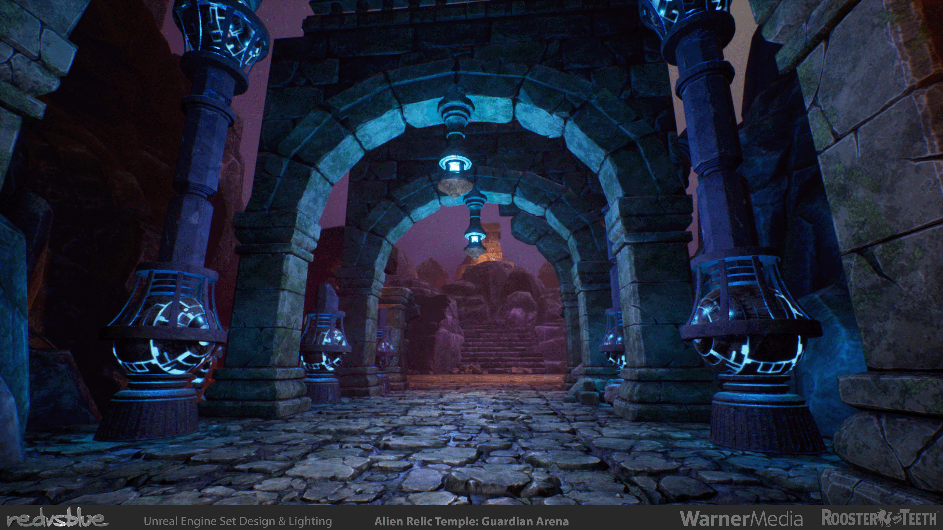 RvB: Zero - Alien Temple Guardian Arena Pathway - A custom area I put together based on the entrance assets; an area for a fight with a humongous Temple Guardian. Lit by myself to match stylistically with the previous area as they are connected.
