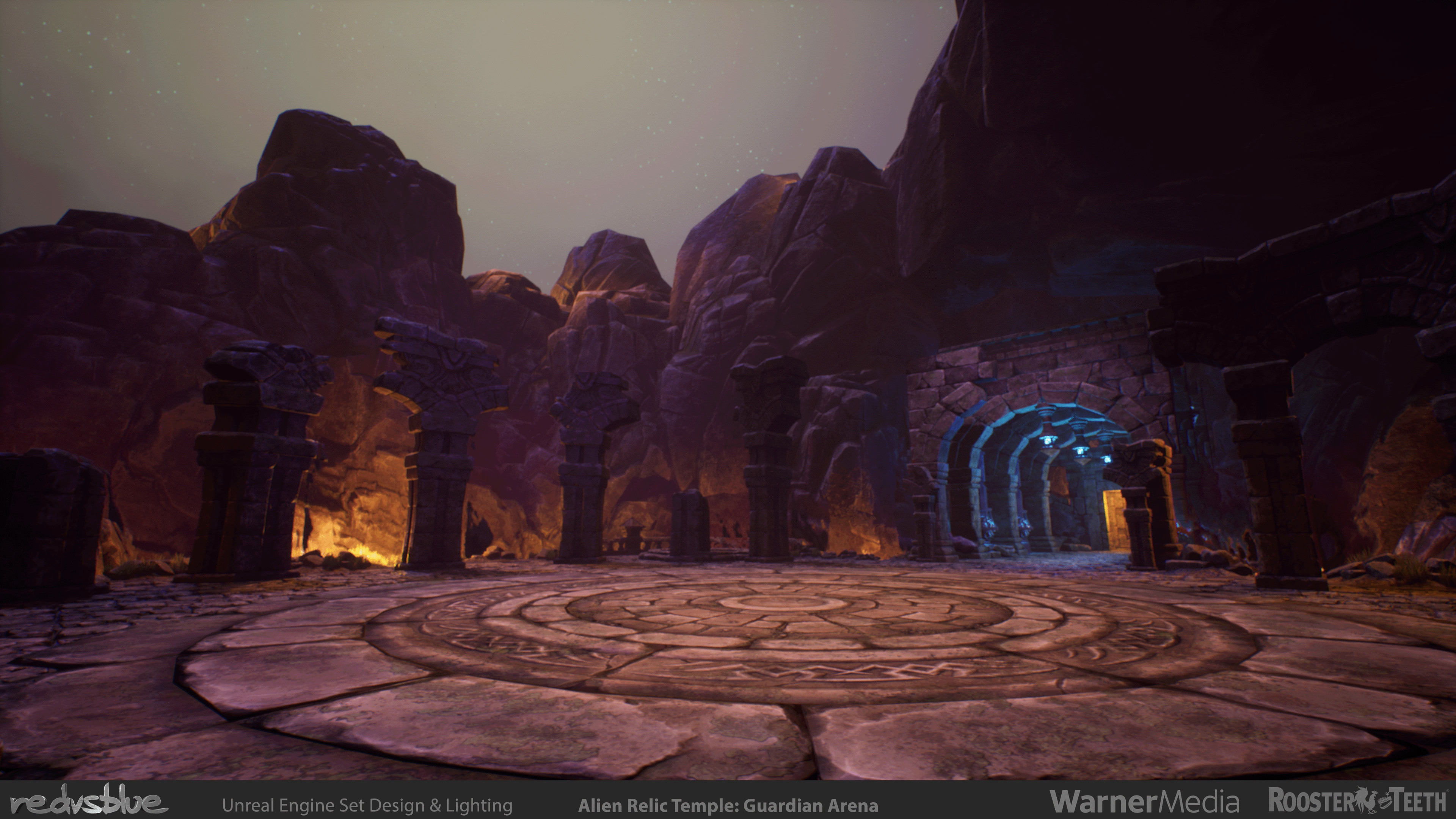 RvB: Zero - Alien Temple Guardian Arena - A custom area I put together based on the entrance assets; an area ringed by lava for a fight with a humongous Temple Guardian. Lit by myself to match stylistically with the previous area as they are connected.