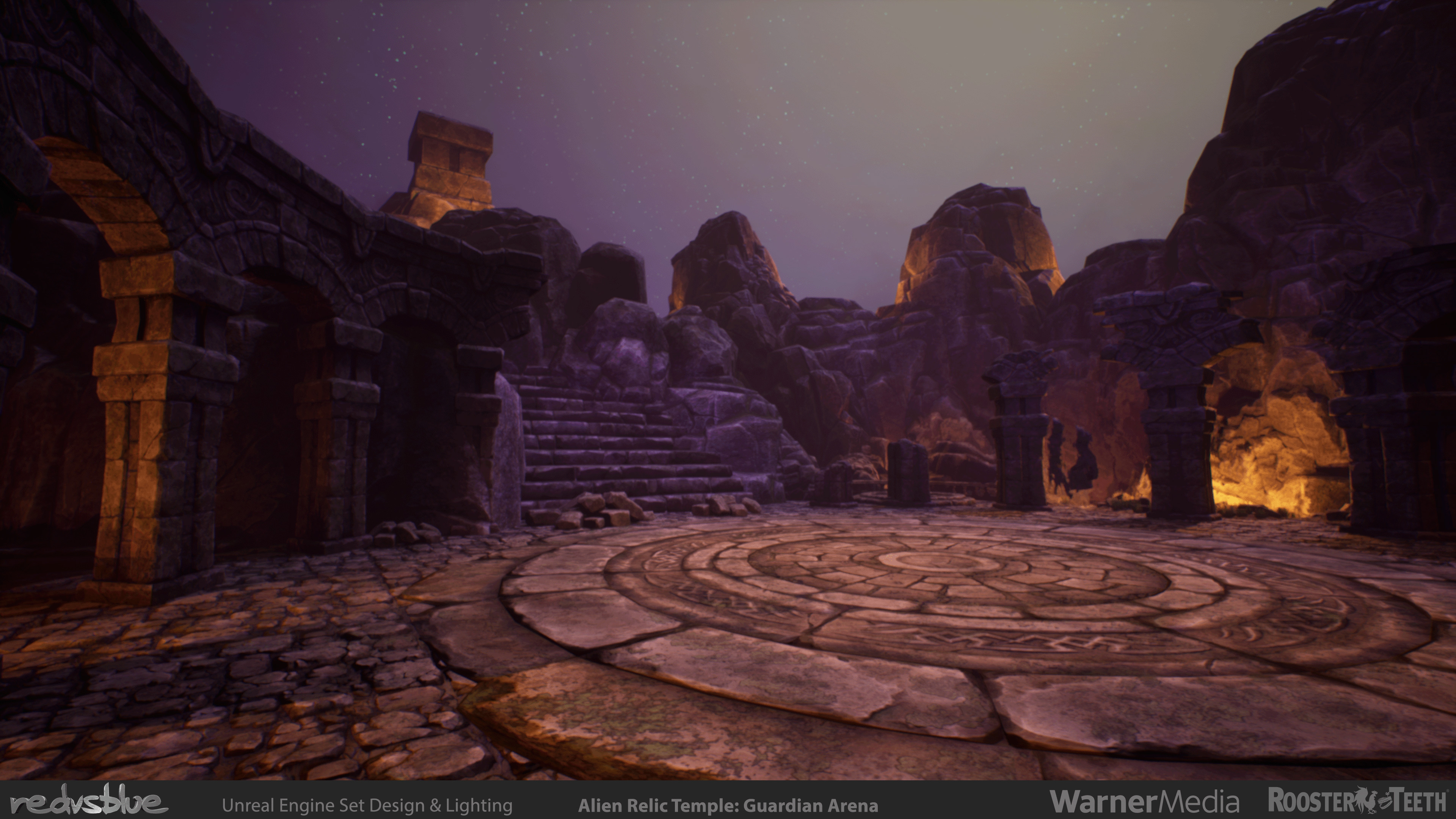 RvB: Zero - Alien Temple Guardian Arena - A custom area I put together based on the entrance assets; an area ringed by lava for a fight with a humongous Temple Guardian. Lit by myself to match stylistically with the previous area as they are connected.