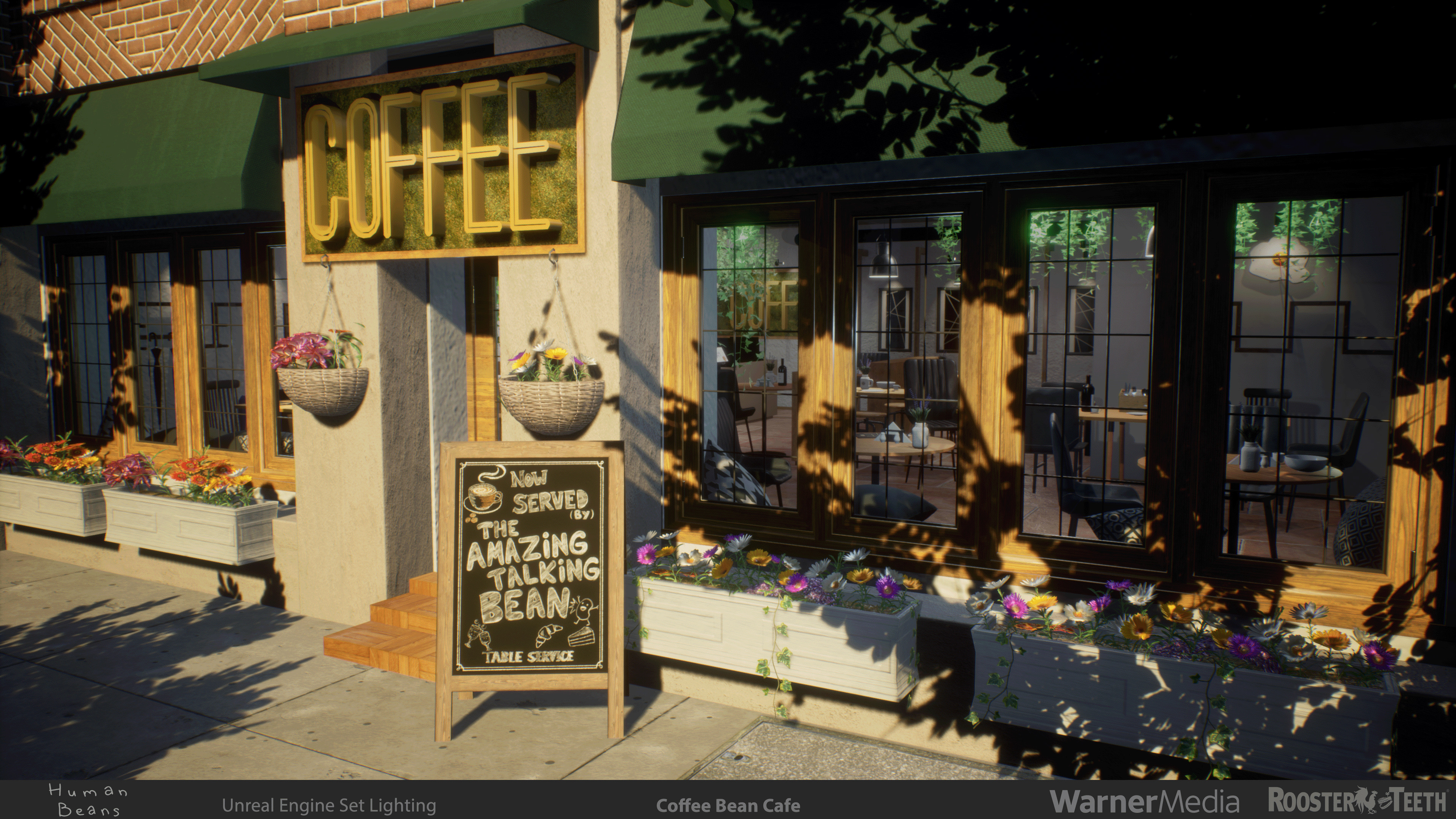 Human Beans is a mixed 2D/3D short series with quick, simple environments.  Coffee Bean Cafe is modified and customized off a Marketplace Asset with new lighting.