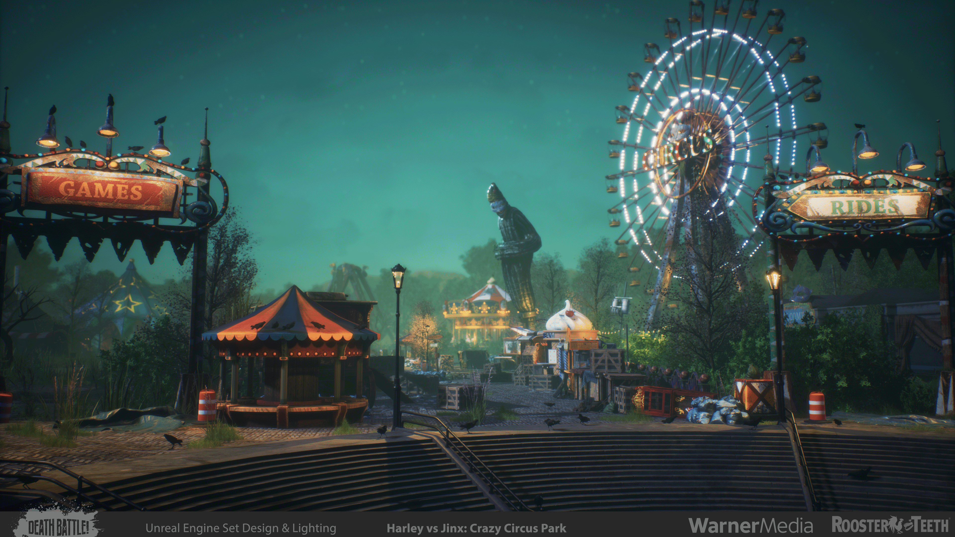 Establishing shot from the episode, where the lights flare after coming on. A totally custom set utilizing various Marketplace assets, modifications, and custom elements.  Entirely designed and lit by myself. 
