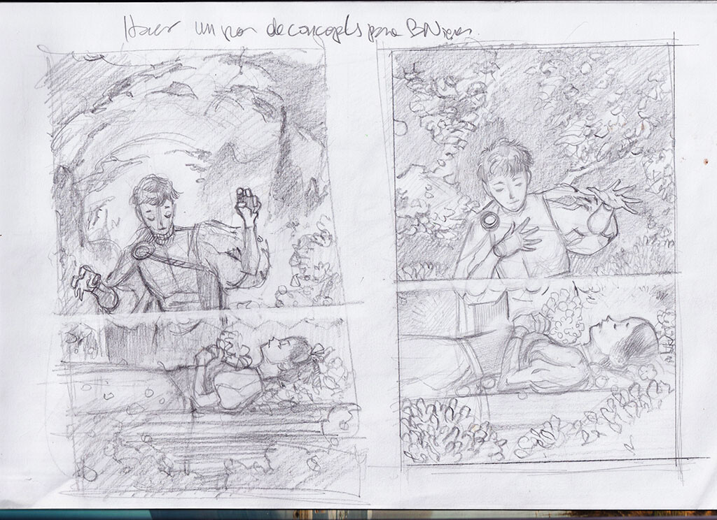 At first I made some thumbnails (several more than you see here) to find a composition that fits my ideas.