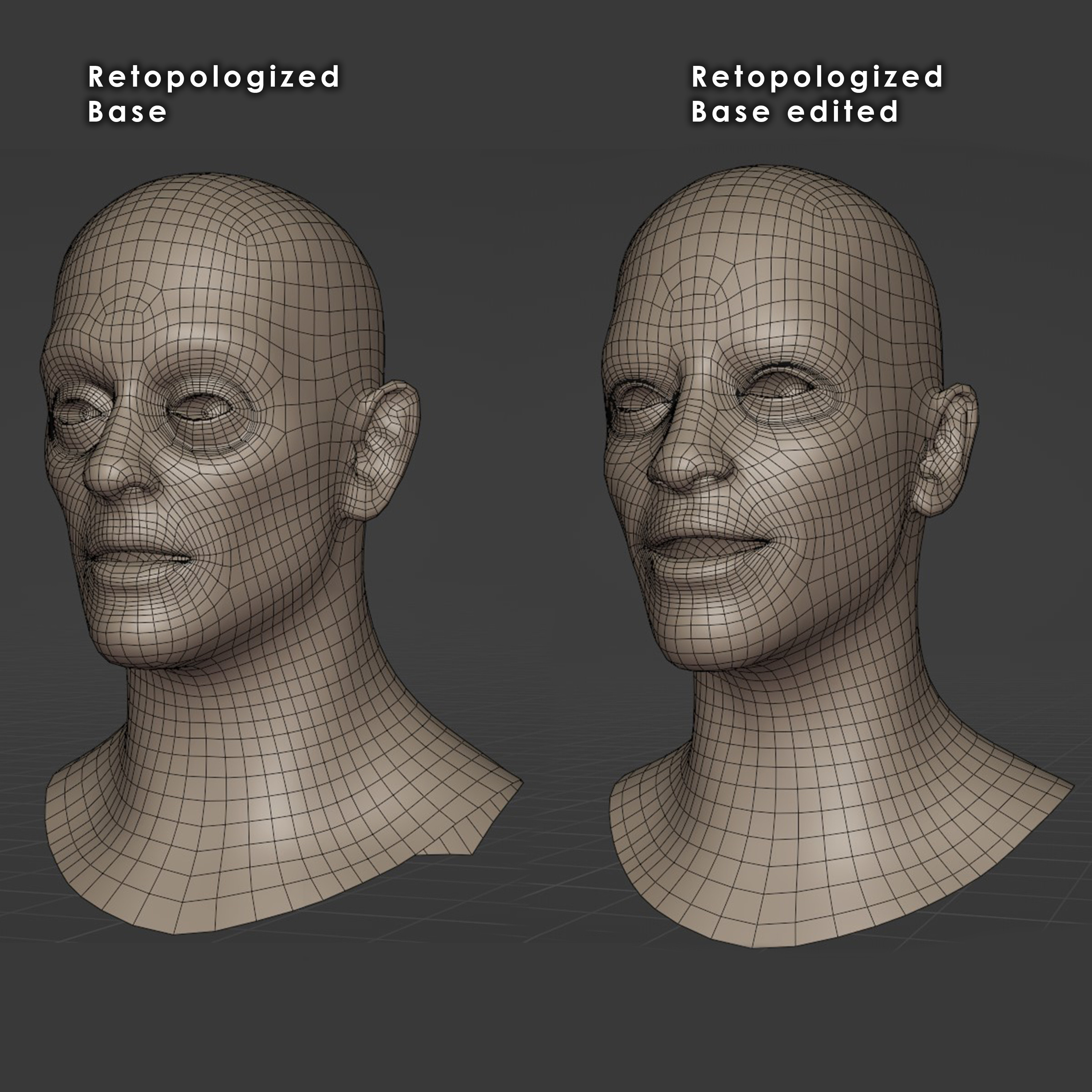 The retopology was done in Blender. I've learned that if I keep the eye bags(area) separated from the eye lids I can later then sculpt in the eye bags so they actually sit on top of the eyelids. 