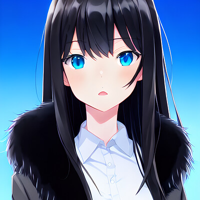 Cute anime girl with black hair and blue eyes on a railroad bridge  background at a summer day. Generated ai. 22310286 Stock Photo at Vecteezy