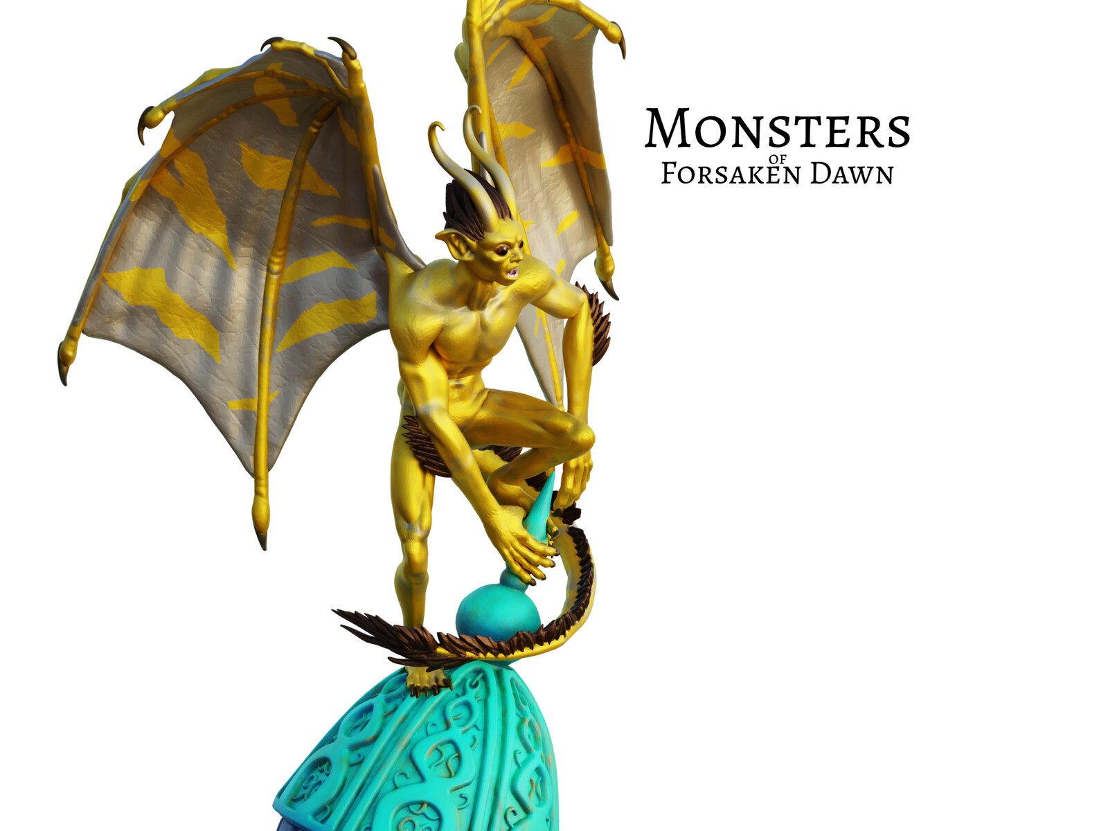 Full-color render of the 3D miniature. This is a Gilded Devil, a monster from Forsaken Dawn.