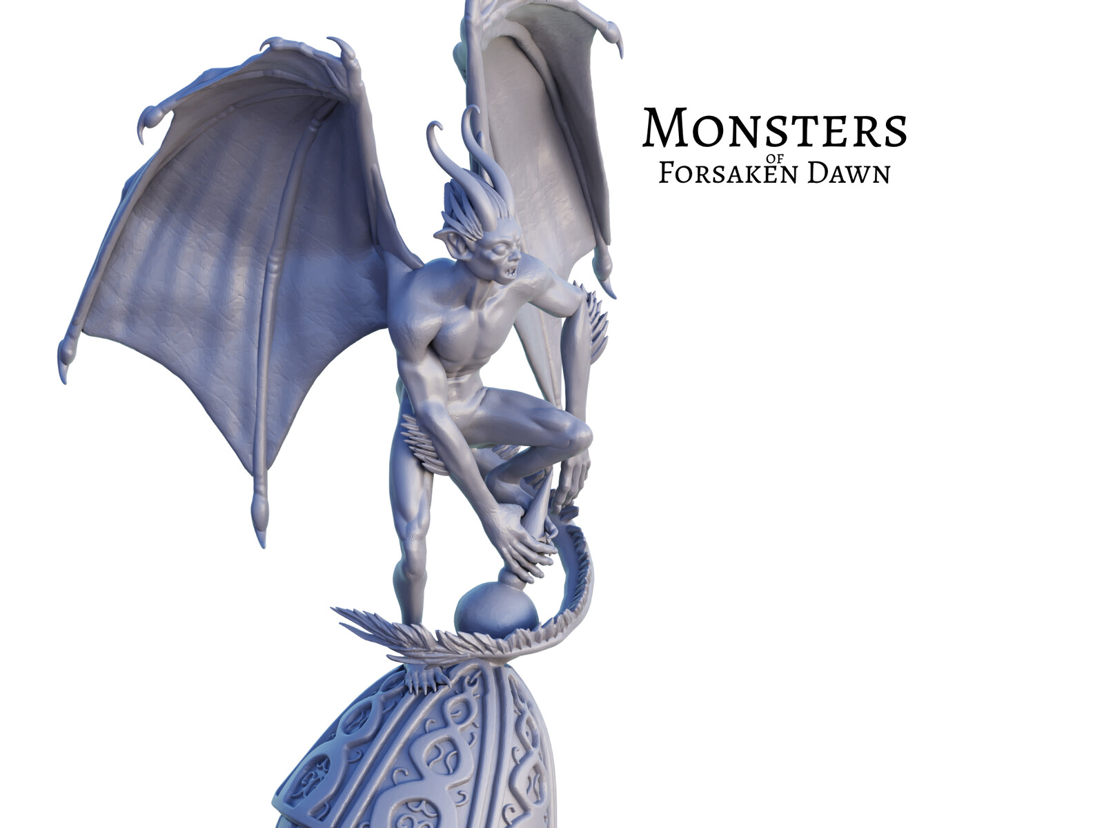 Grey render of the 3D miniature. This is a Gilded Devil, a monster from Forsaken Dawn.
