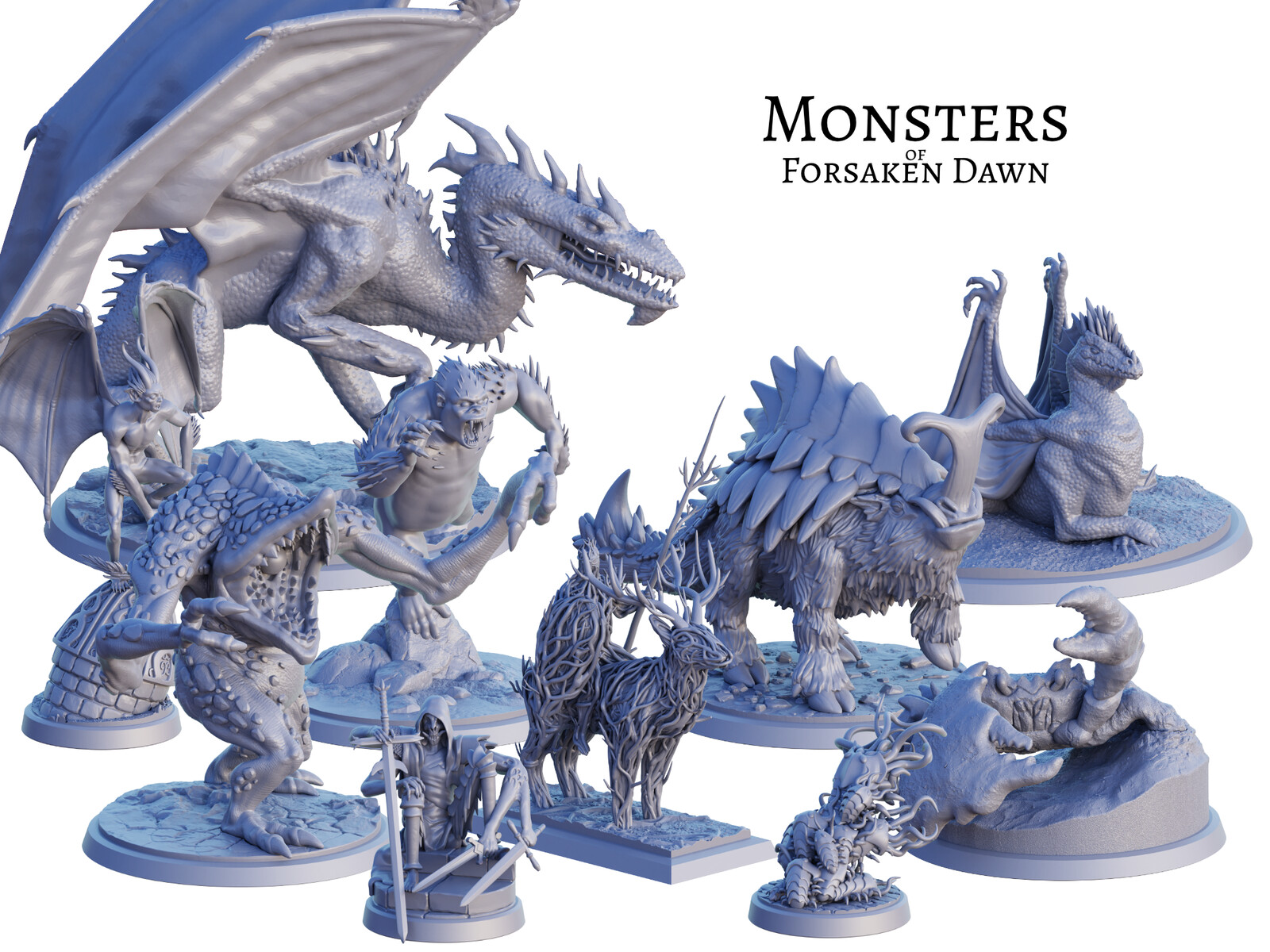 Full collection of the 10 printable monsters (Greu): Dragon of Pain, Dragon of Arrogance, Gilded Devil, Sabru, Tremorlite, Hungering Horror, Wooden Knight, Sand Quirk, Harbinger of Despair, and Consuming Armor.
