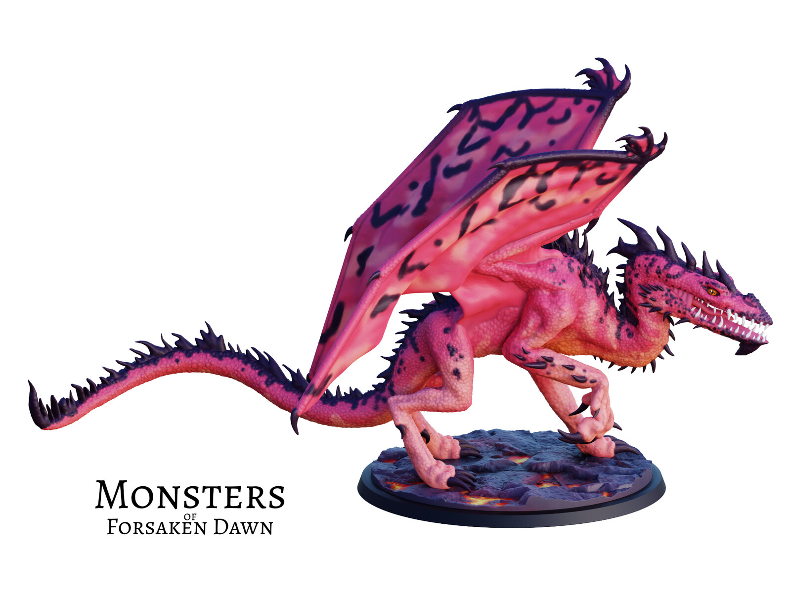 Full-color render of the 3D miniature. This is a Dragon of Pain, a monster from Forsaken Dawn.