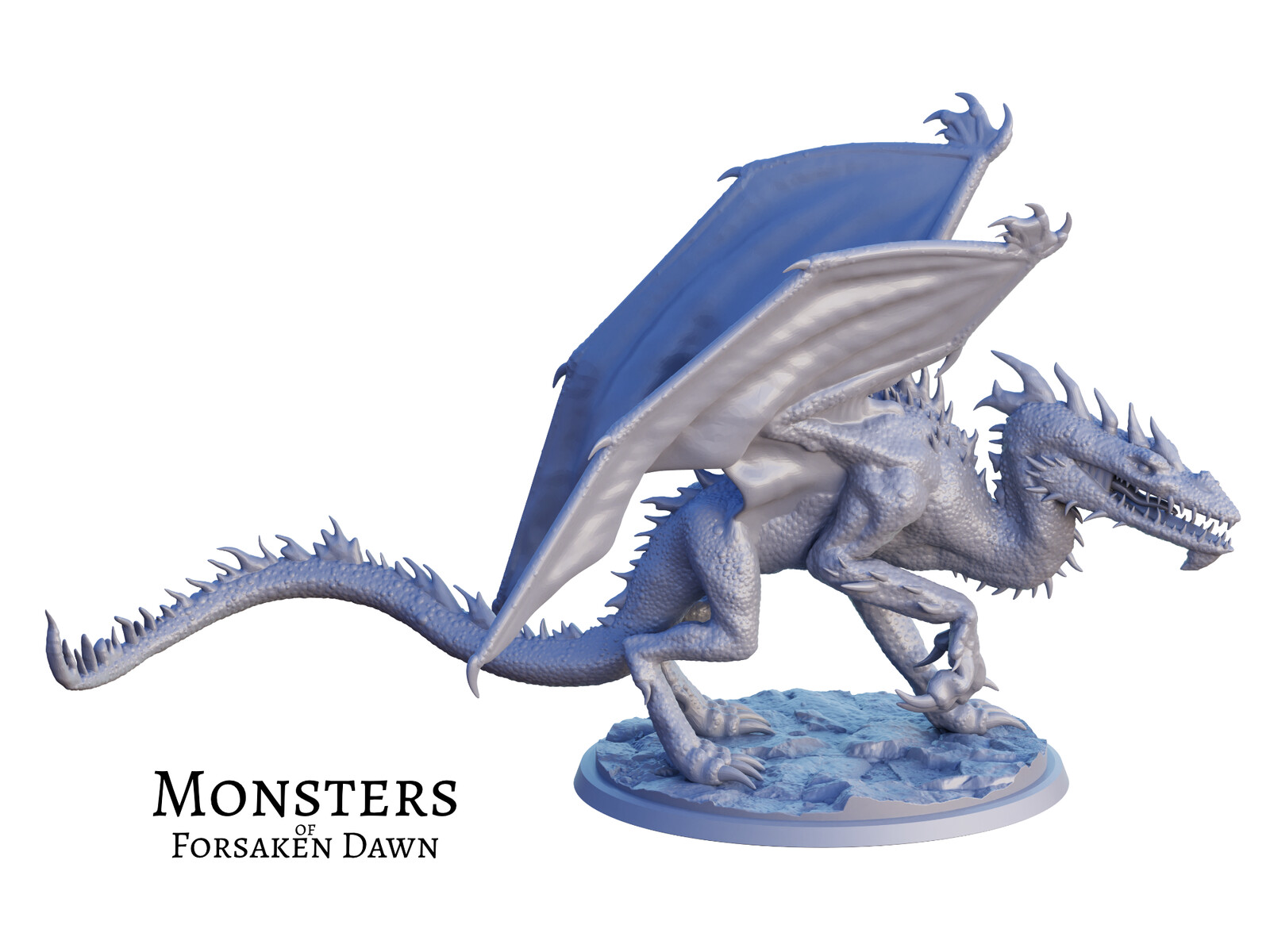 Grey render of the 3D miniature. This is a Dragon of Pain, a monster from Forsaken Dawn.