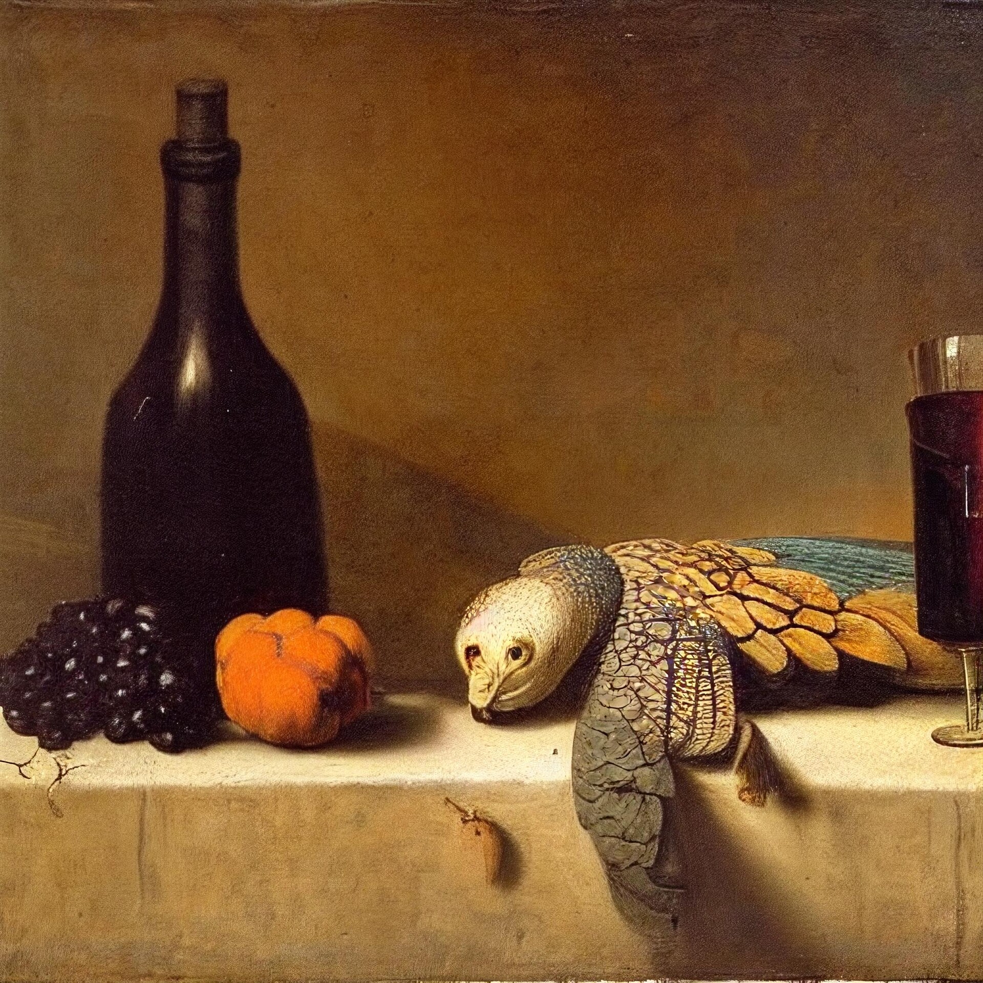 Artstation ai rembrandt still life with peacocks and a glass of