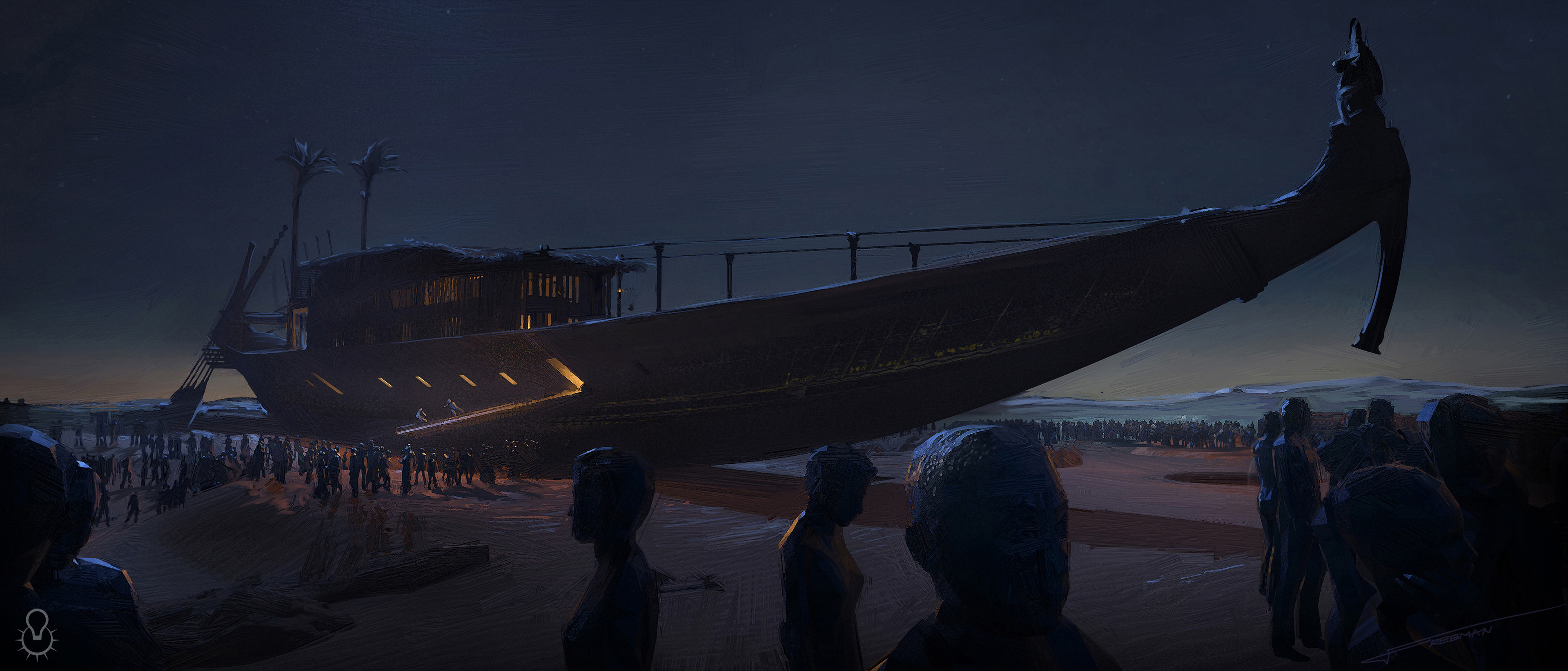 View of Tawaret's barge from the sand. I loved working on these pre-production concepts as It enabled me to work in a more painterly,  expressive way, focusing on mood, lighting and colour.