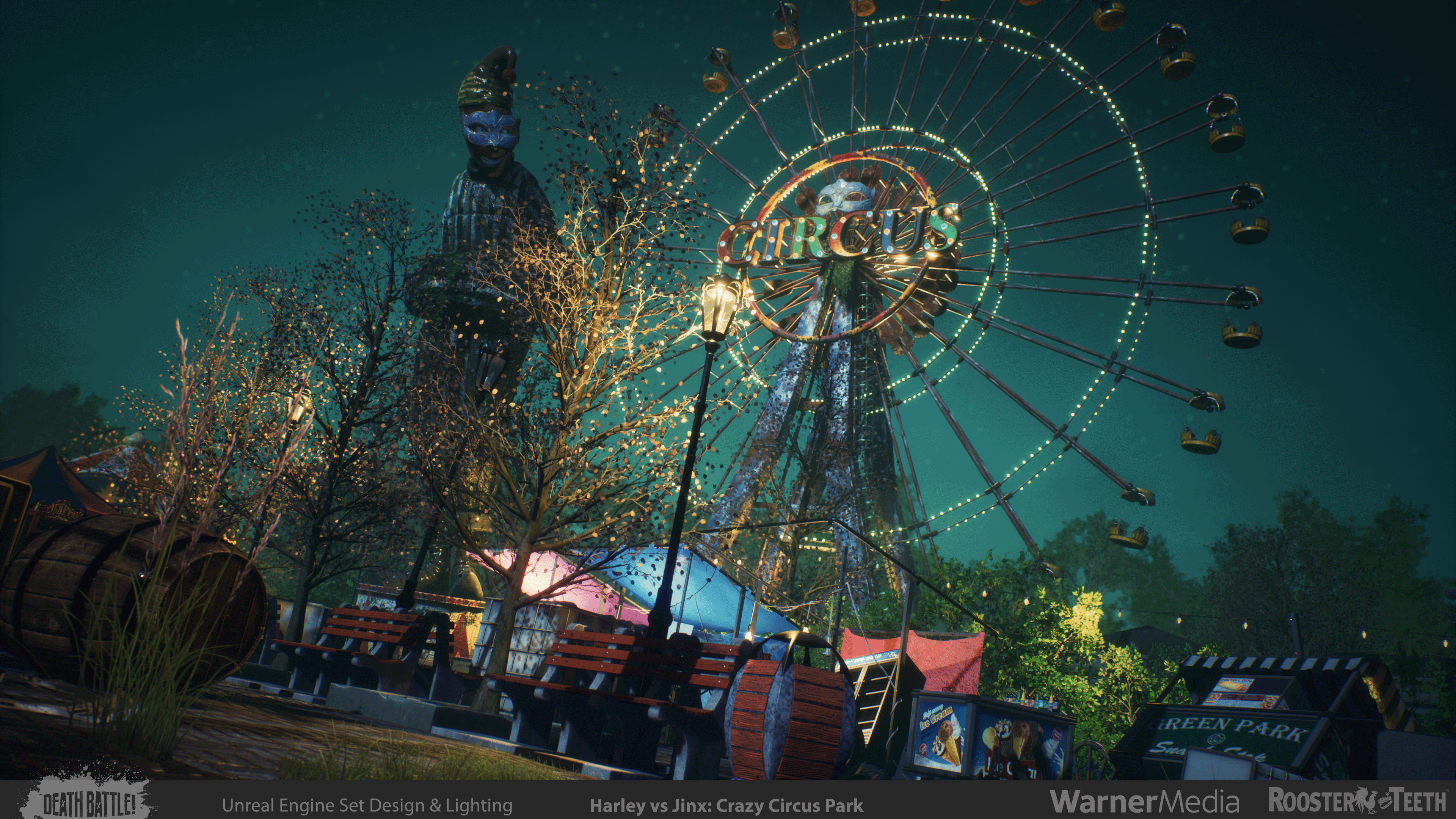 A glowing, slowly rotating Ferris Wheel dominates the skyline of the park providing a lot of backdrop imagery.