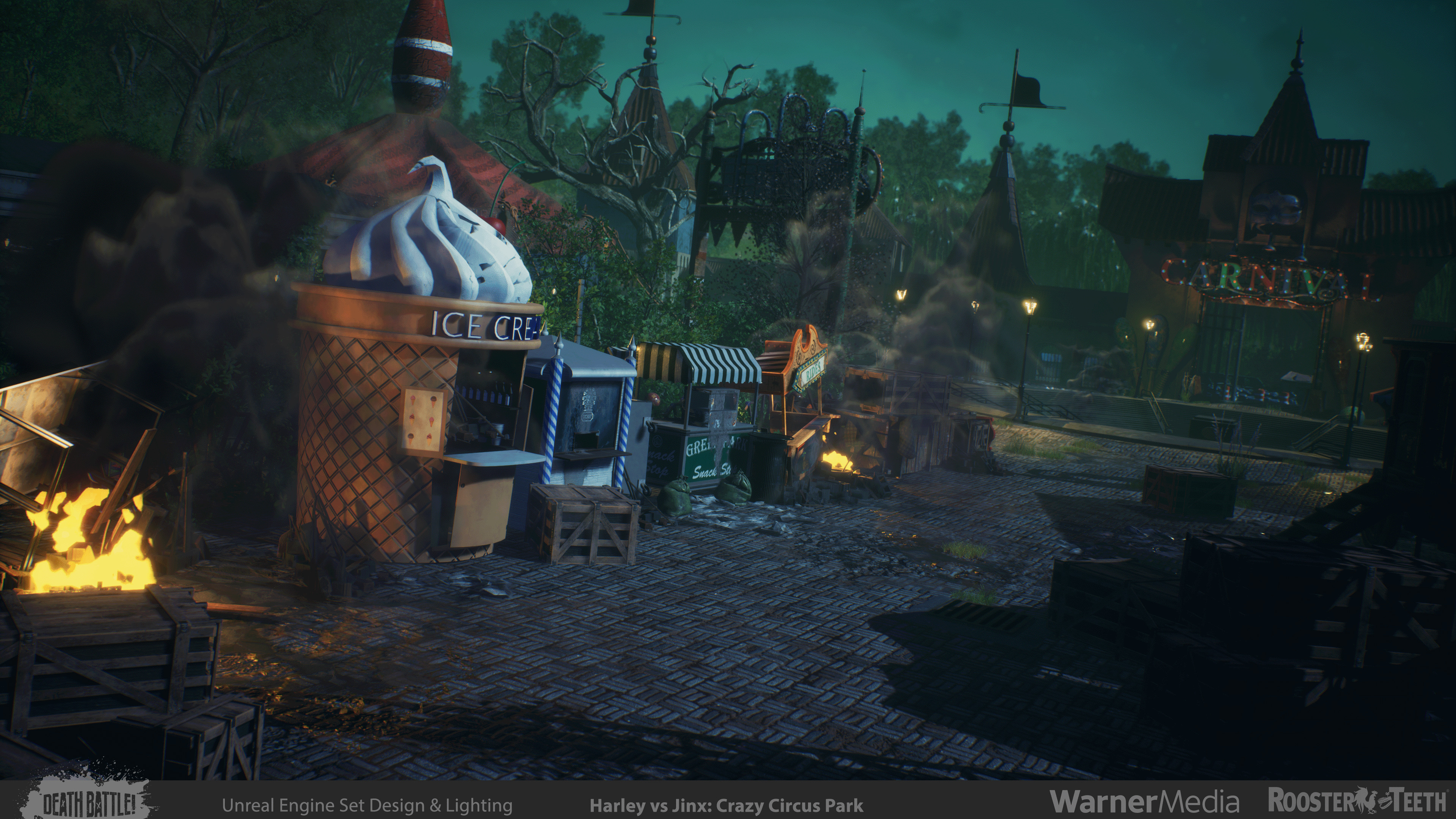Combat for the episode starts near the entrance and moves up this alley, with damage building up from explosive fx, with plenty of objects for acrobatic movement.  Fire creates little additional pops of orange interest as they are spawned.