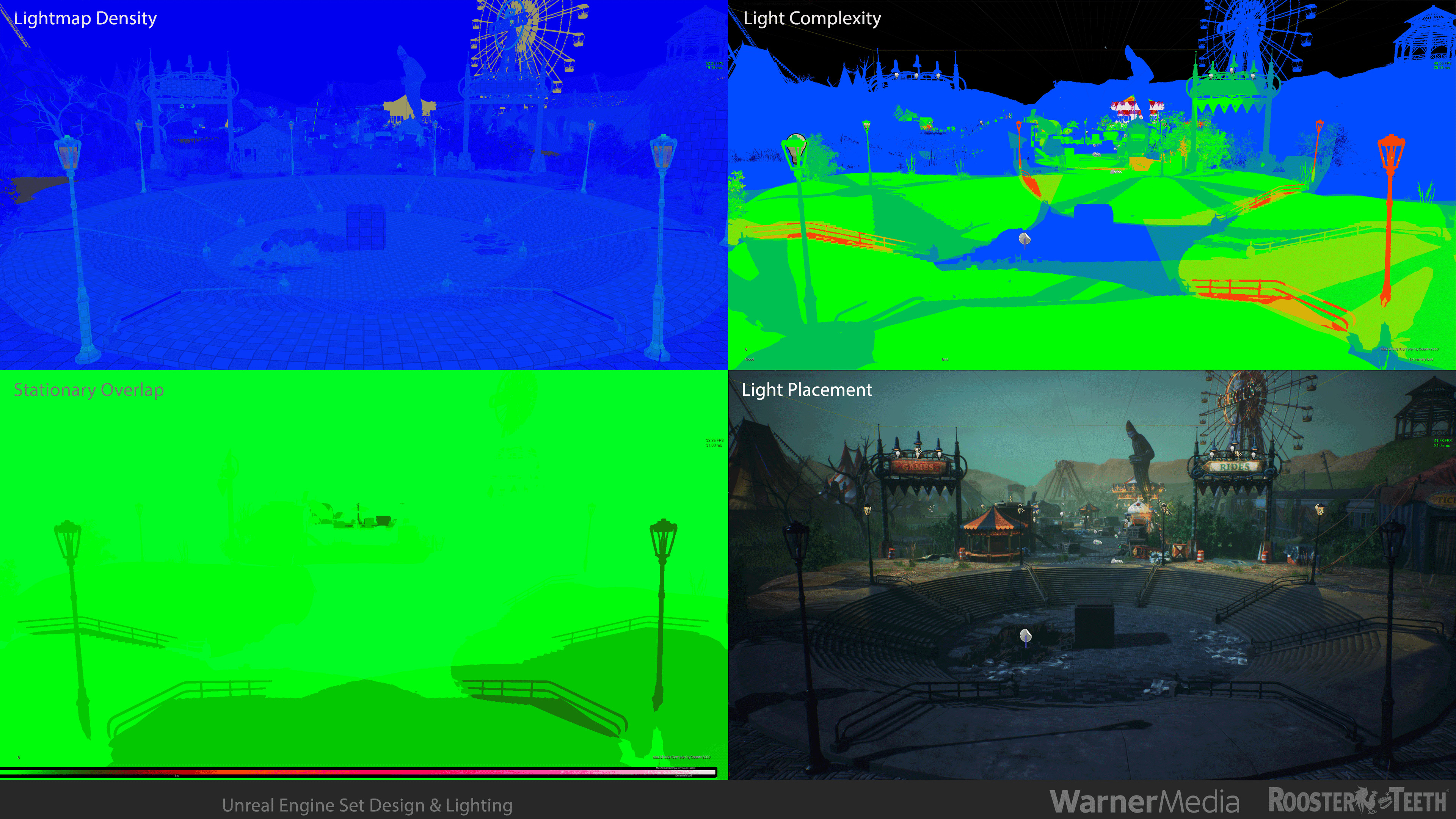 Optimization passes. As the episode was to be rendered at a cinematic 24 fps, goal was to keep average frame rate around 40-60. A few light density heayy sections like the merry-go-round are present.
