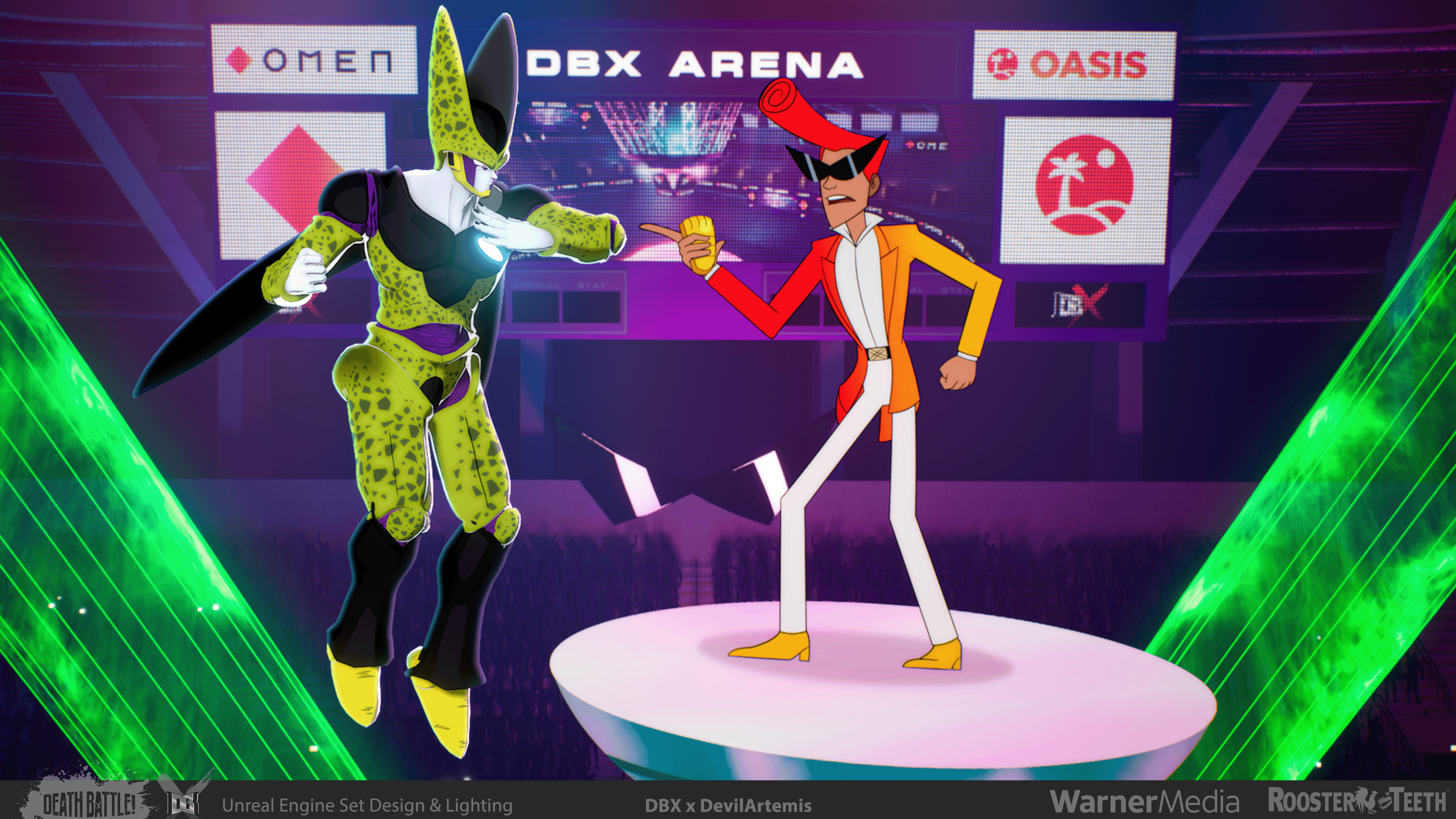 A collaboration with YouTube creator DevilArtemis as co-host, who also provided the original animation plate renders of Perfect Cell. I added rim lighting to integrate and composited the 3D character in with the 2D in-engine assets.