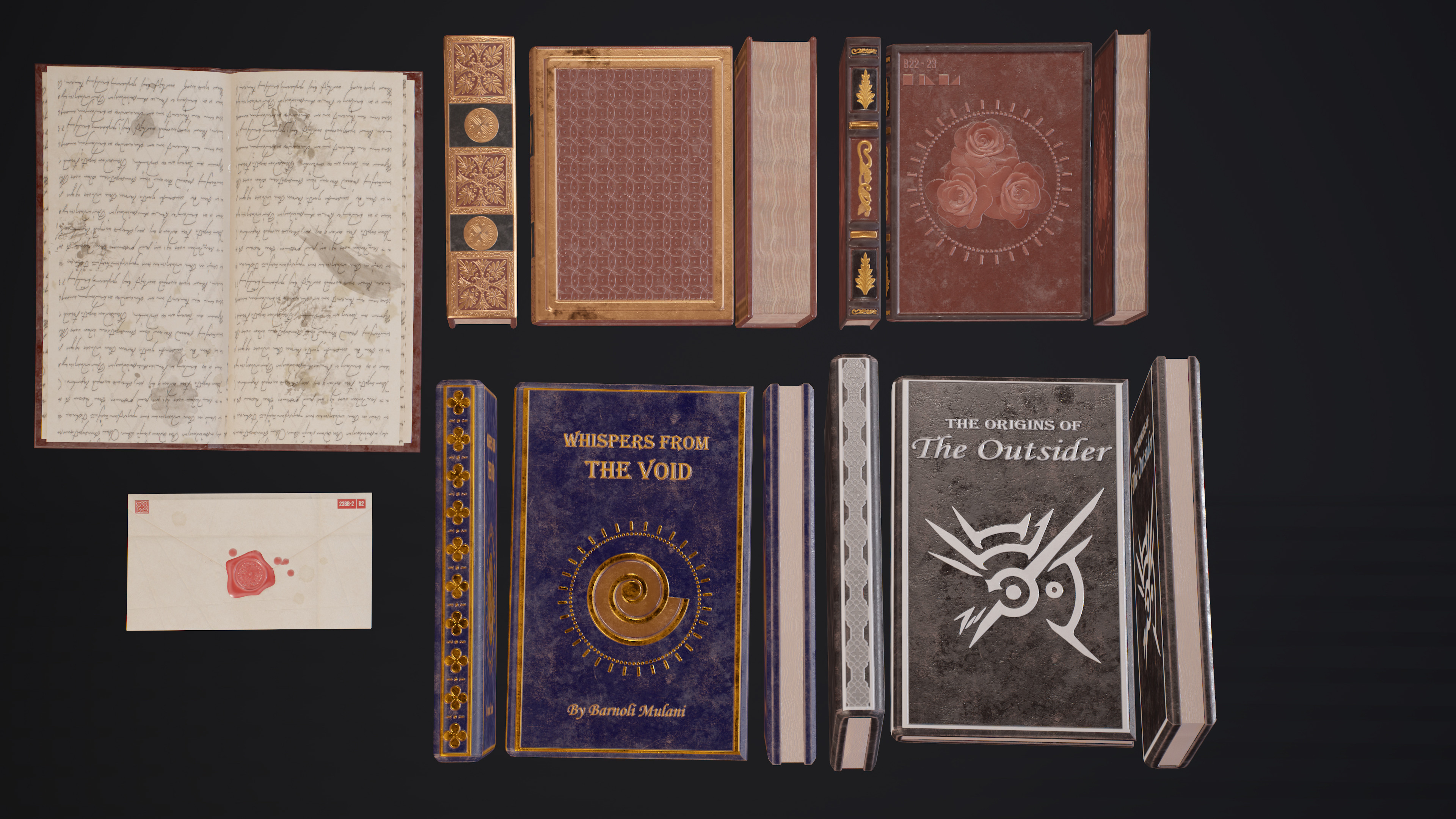 Close up render of some books.