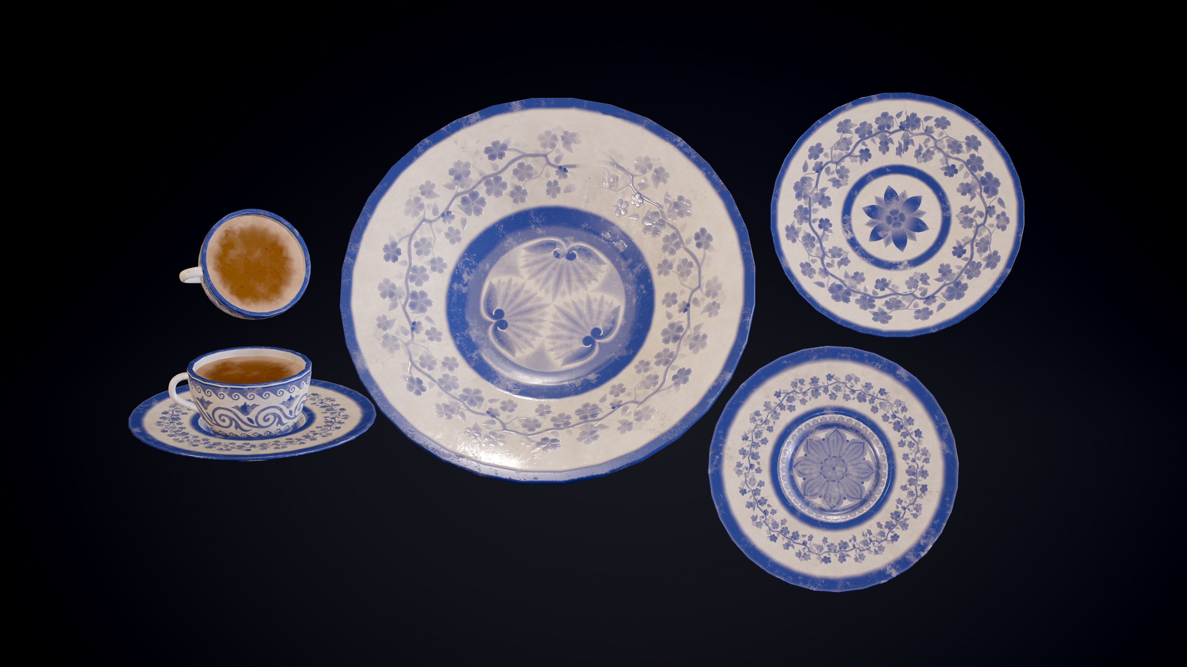Close up render of a porcelain set including a coffee cup.