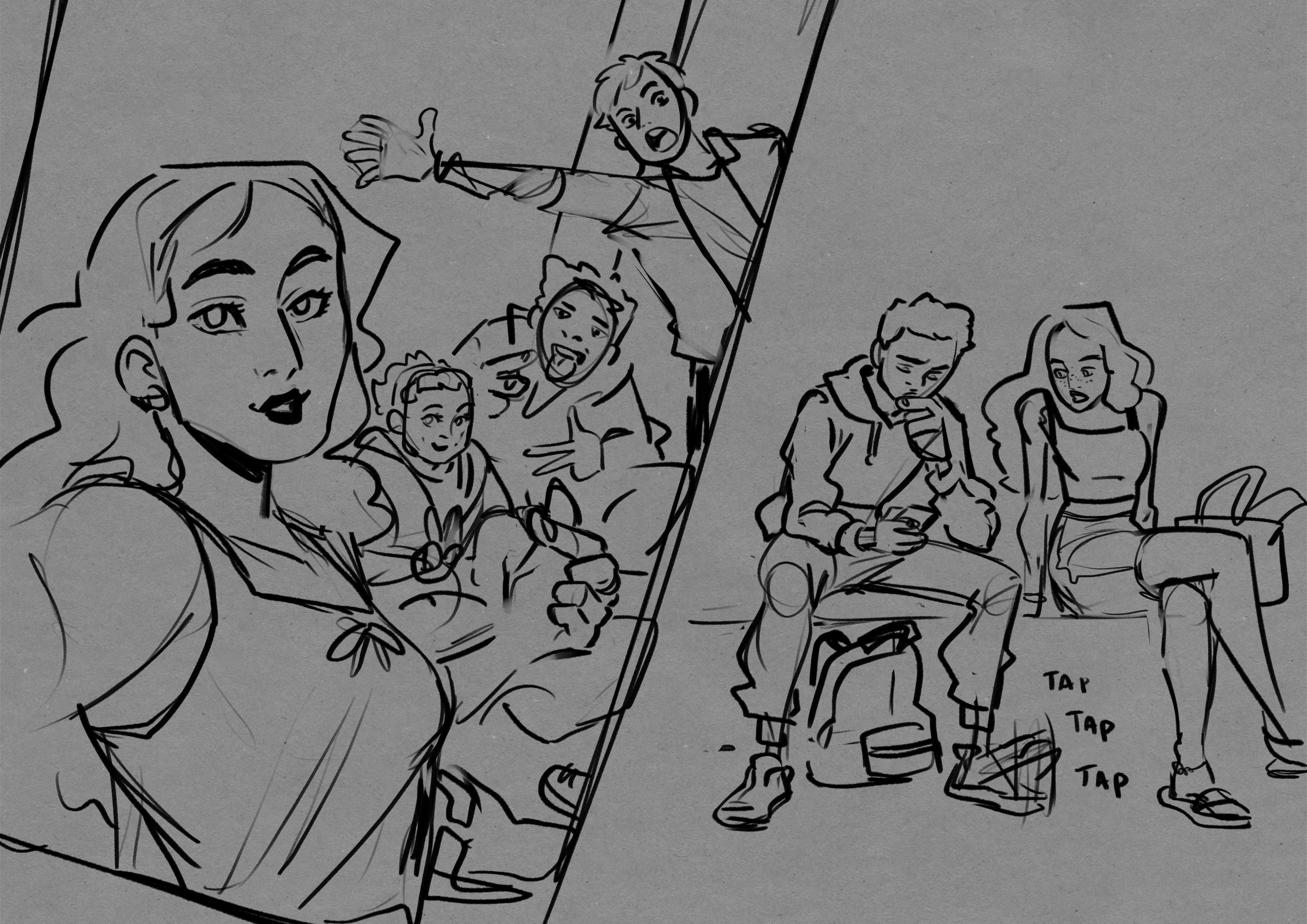 At this stage the story wasn’t ready but we had a pretty good idea of how they would look like (waiting the approval of the client) so I started sketching and exploring their group dynamic (at this point, the playable character wasn’t yet resolved.)