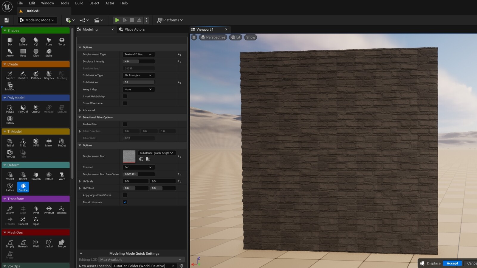 Import in Ue5 and use the modeling toolset create the displacement.